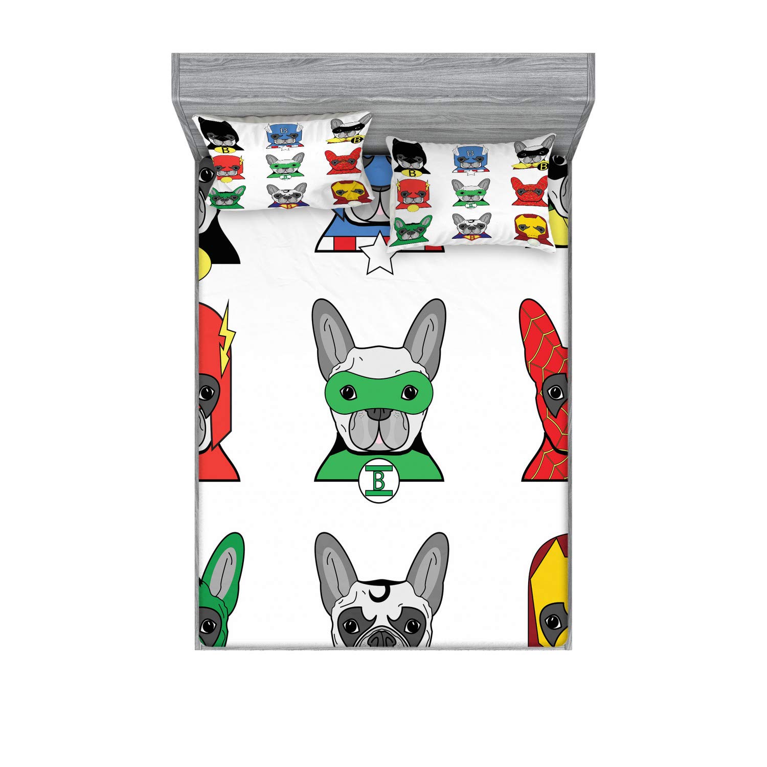 Ambesonne Superhero Fitted Sheet & Pillow Sham Set, Bulldog Superheroes Fun Cartoon Puppies in Disguise Costume Dogs Print, Decorative Printed 3 Piece Bedding Decor Set, Calking, Green White
