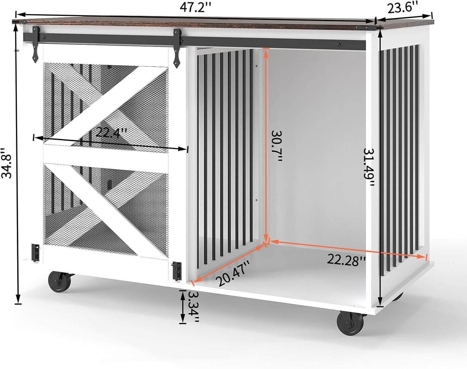 47" Large Dog Crate Furniture with Sliding Door, XL Wooden Dog Kennel Furniture Indoor with Wheels and Removable Divider, Farmhouse Decorative Pet Cage End Table, White