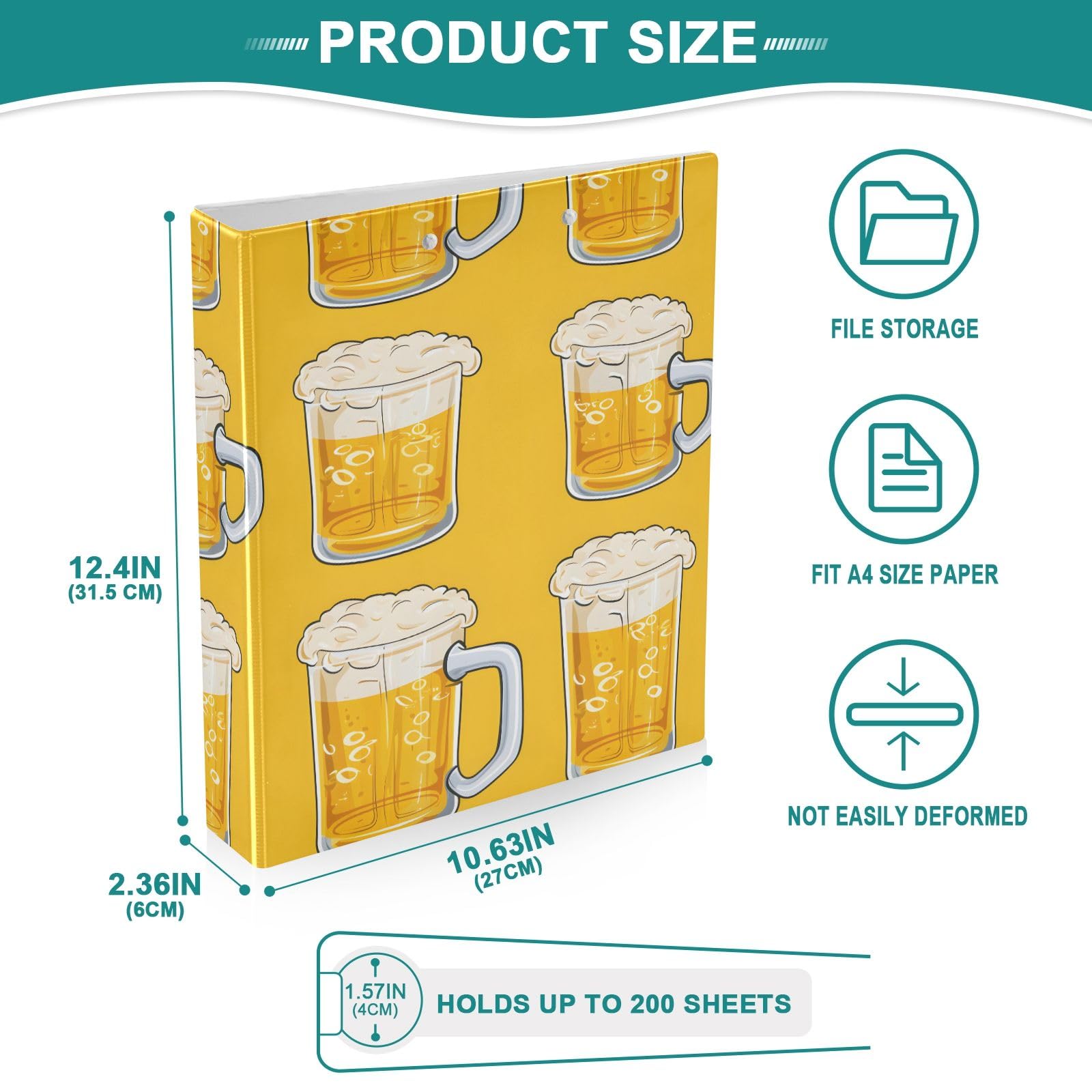 Raccoglitore a 3 anelli con stampa di birra in stile cartone animato, 3,8 cm, contiene 200 fogli con 3 tasche interne in PVC trasparente, per scuola e ufficio