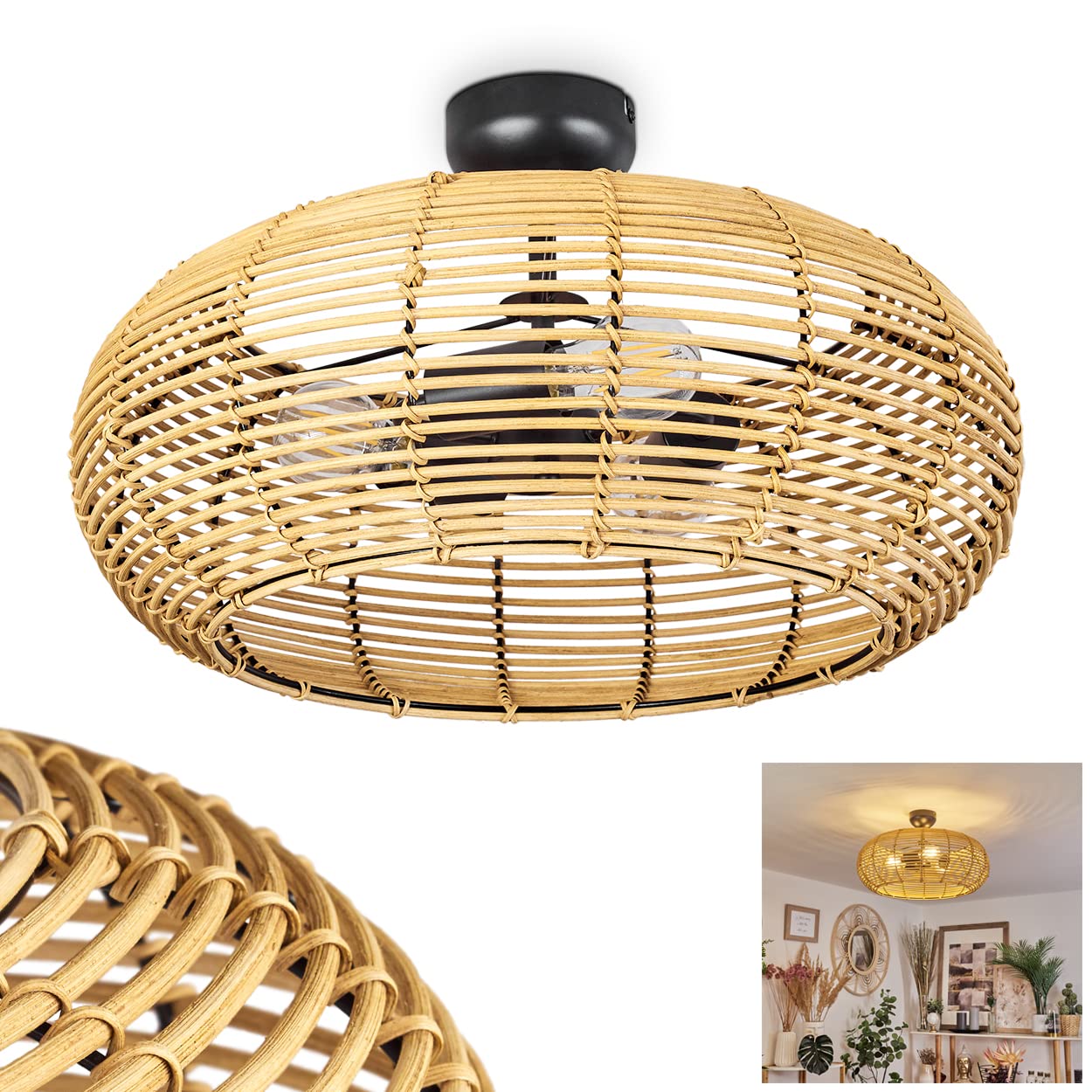 Lampada da soffitto Sepins, lampada in rattan/metallo in colore naturale/nero, design scandinavo, lampada boho con paralume a griglia e grande effetto luminoso, Ø 50 cm, E27, senza lampadina/e