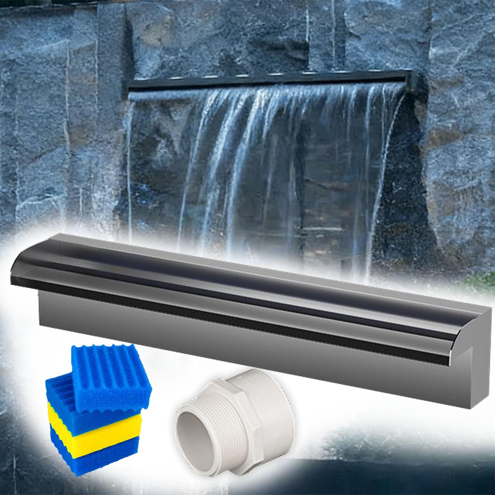 IvyLoutish Customizable Stainless Steel Pool Waterfall Spillway, 59in/150cm Outdoor Fountain & Pond Water Feature with Filter Cotton & Fittings, Perfect for Backyard Pools & Gardens