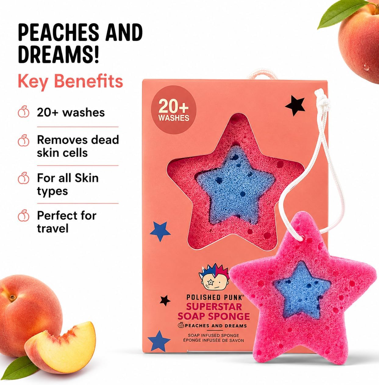 All-Natural Soap-Infused Sponge for Kids and Tweens Body Wash, Gentle on Skin, 20+ Uses (Peaches and Dreams)