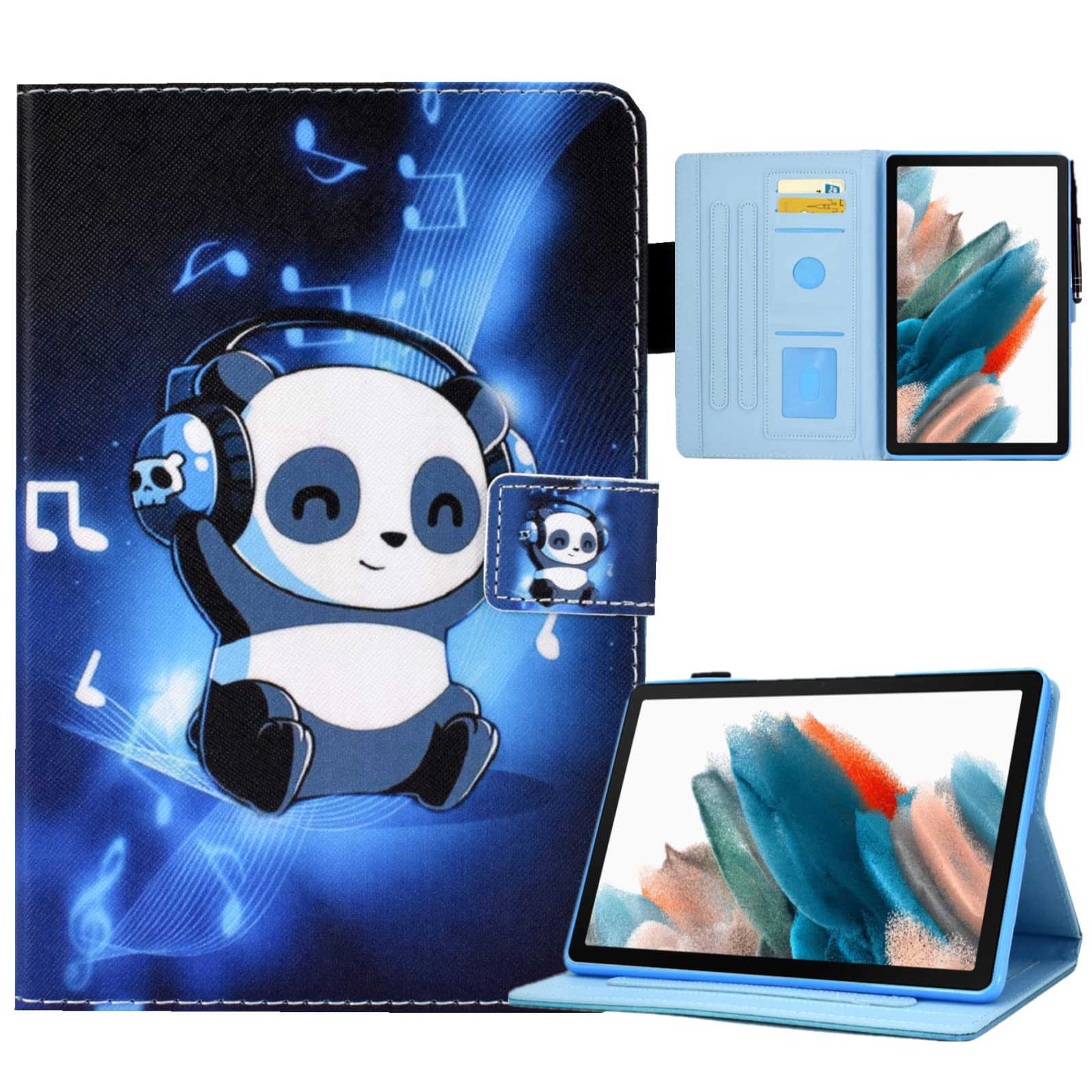 KEROMSamsung Galaxy Tab A8 10.5 Case 2022 (SM-X200/X205/X207), Premium PU Leather Protective Case with Auto Wake/Sleep & Multi-Viewing Angles Stand & Pen Loop Holder & Card Holders, Panda