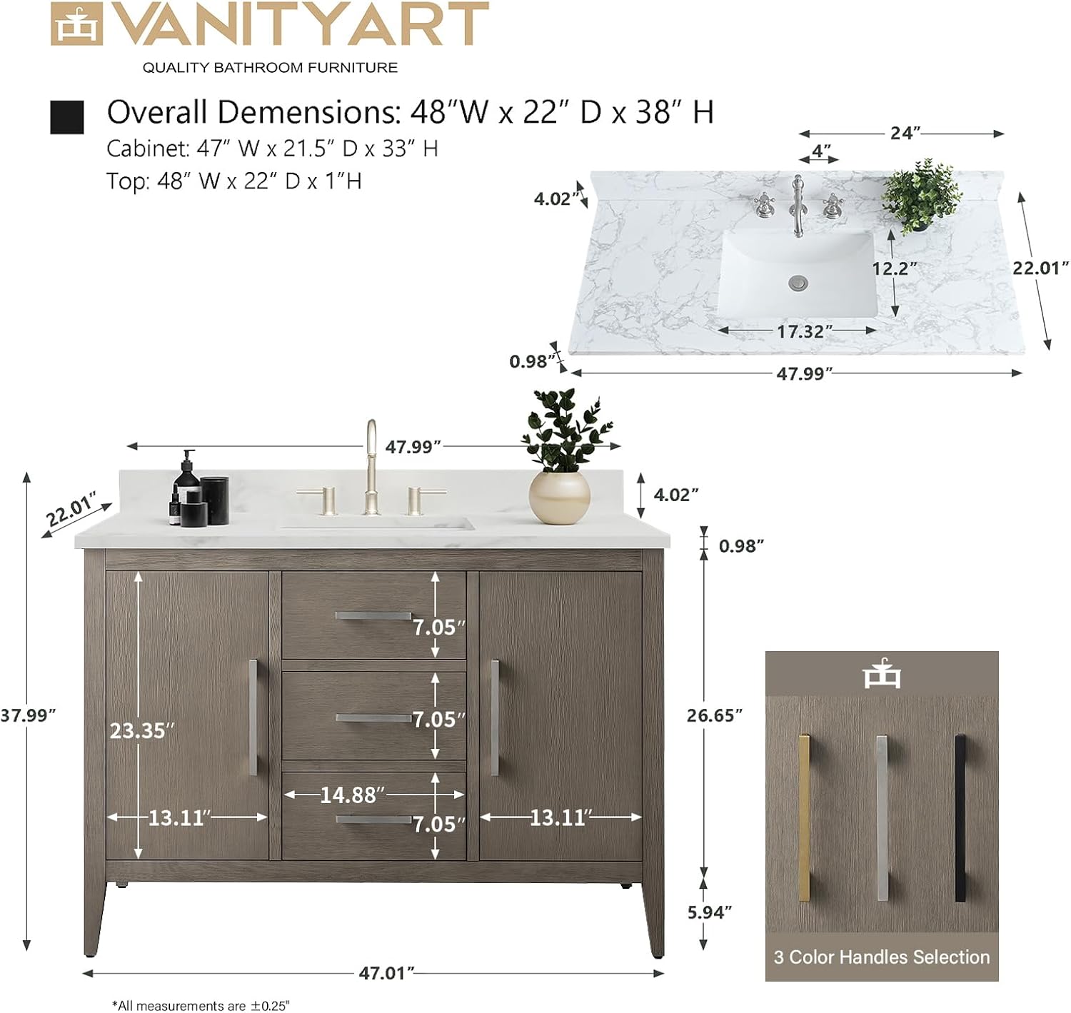 Vanity Art 48 inch Bathroom Vanity with Single Sink & Ceramic Top, Solid Wood Vanity Cabinet with Soft-Closing Doors, Drawers, Driftwood Gray, Brushed Nickle Handware