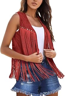 Chaleco ajustado para mujer con flecos, estilo vintage, sin mangas, estilo hippie, estilo bohemio, color amarillo