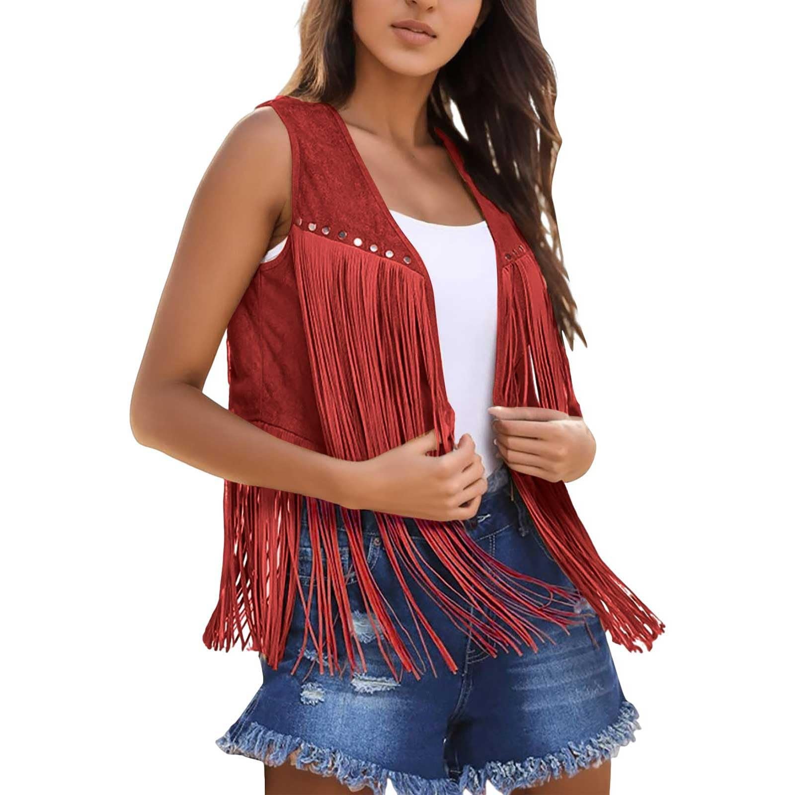 Chaleco con flecos mujer estilo hippie chaqueta occidental sin mangas rojo M 6