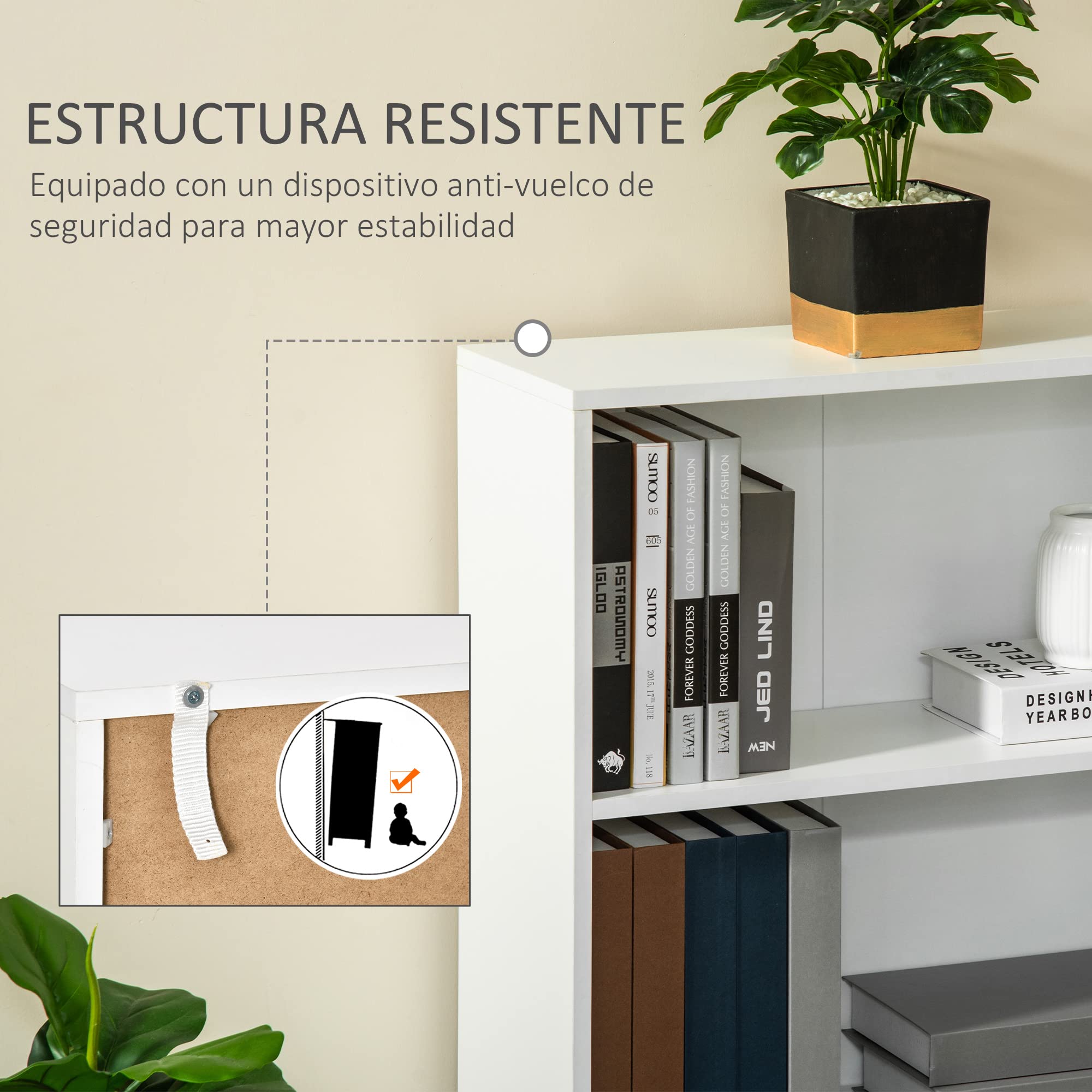 HOMCOM Estantería Librería con 3 Compartimentos 62,2x24x102,4 cm Blanco | Almacenaje, Libros CDs Plantas, Salón Estudio Dormitorio