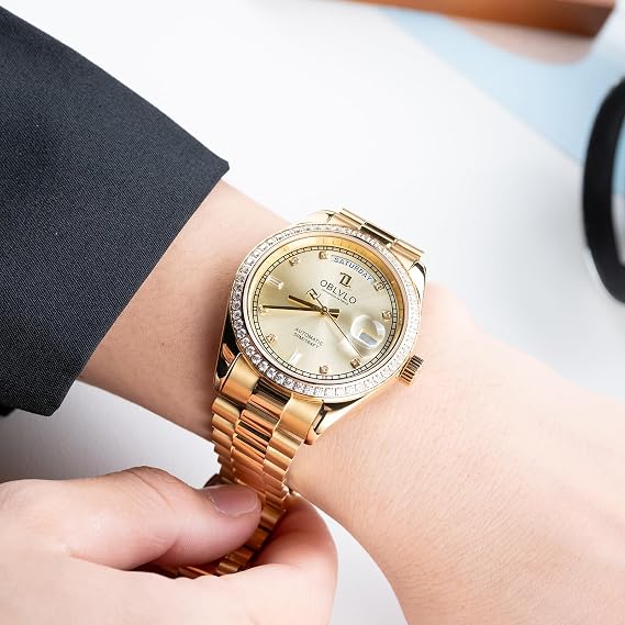 OBLVLO Luxury Men Watches Rose Gold Brown Dial Mechanical Automatic Waterproof Vintage Luminous Sport Classic Date Wrist Watch RX-DD, RX-DD-GGGS, Luxury