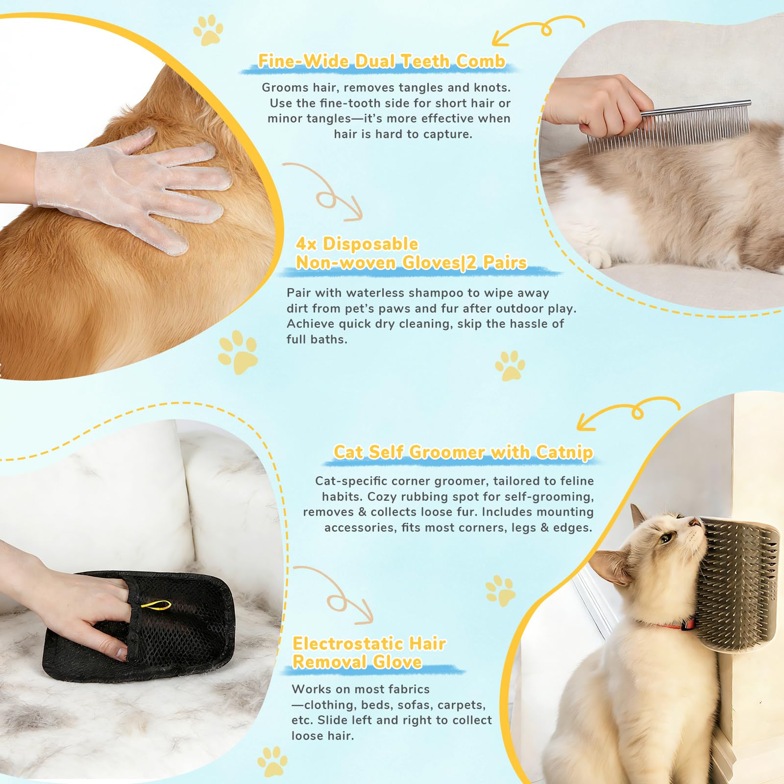 10in1 Pet Mist Spray Brush for Cat & Dog, Hair Health & Grooming Set with 100ml Waterless Shampoo, Nail Clippers, Toothbrush, Comb, Cat Scratcher with Catnip, Eye Ear Paw Dry Wipes & Gloves, Gift-Set - image 6