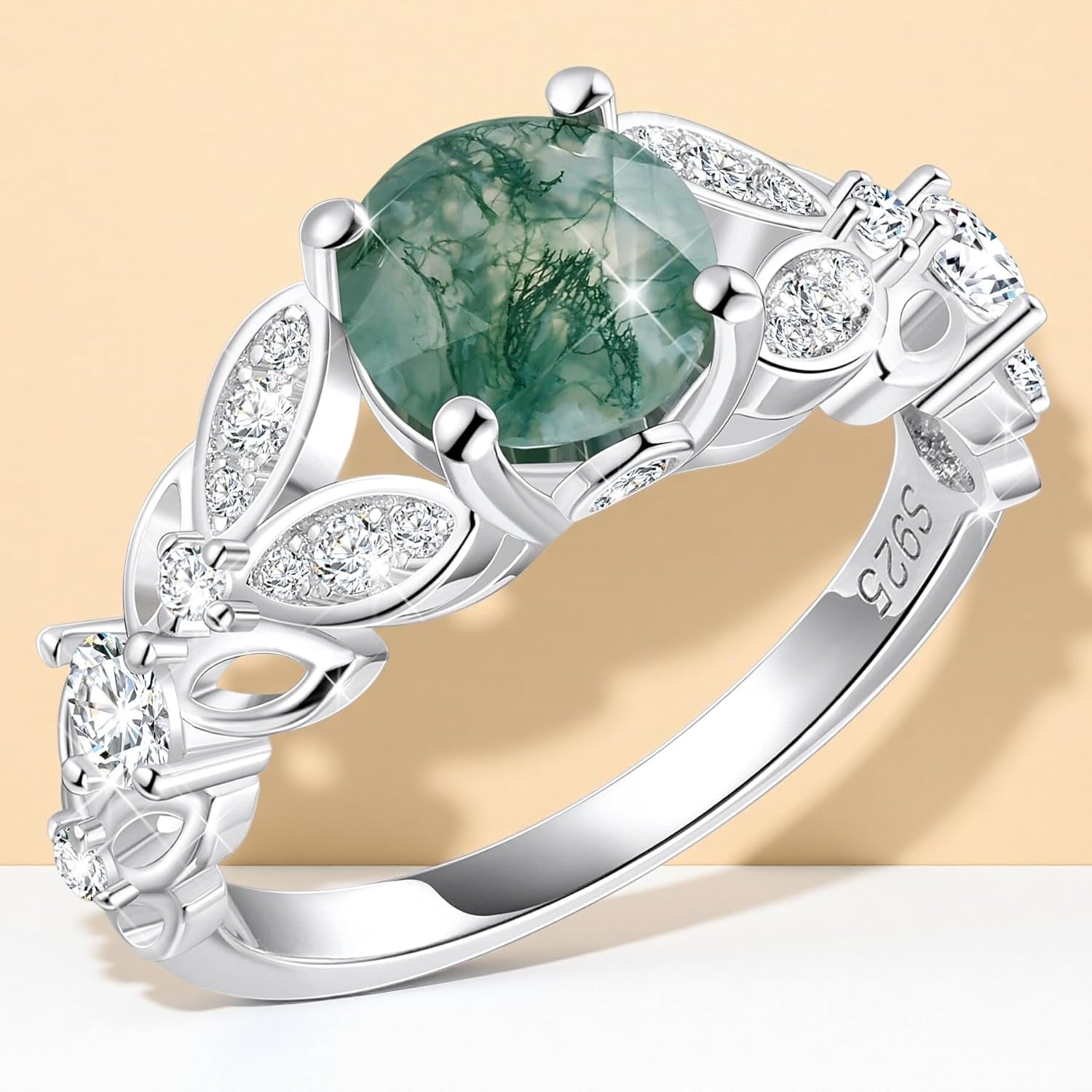 S925 Sterling Silver Natural Moss Agate Ring Engagement Ring Wedding Promise Ring Jewelry for Women