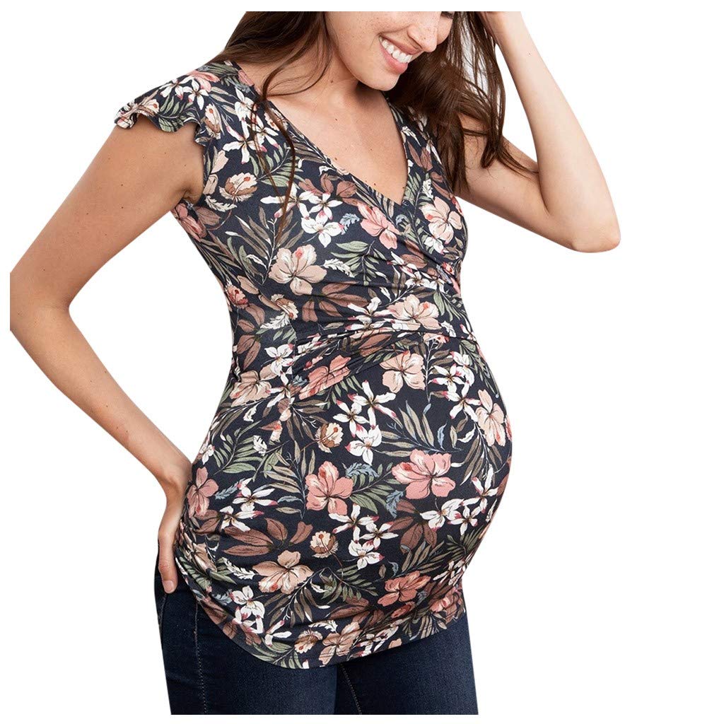 Generisch Haut noir pour femmes courtes imprimées rayures col en V manches noix pour femmes enceintes chemisiers de maternité paillettes vêtements femmes