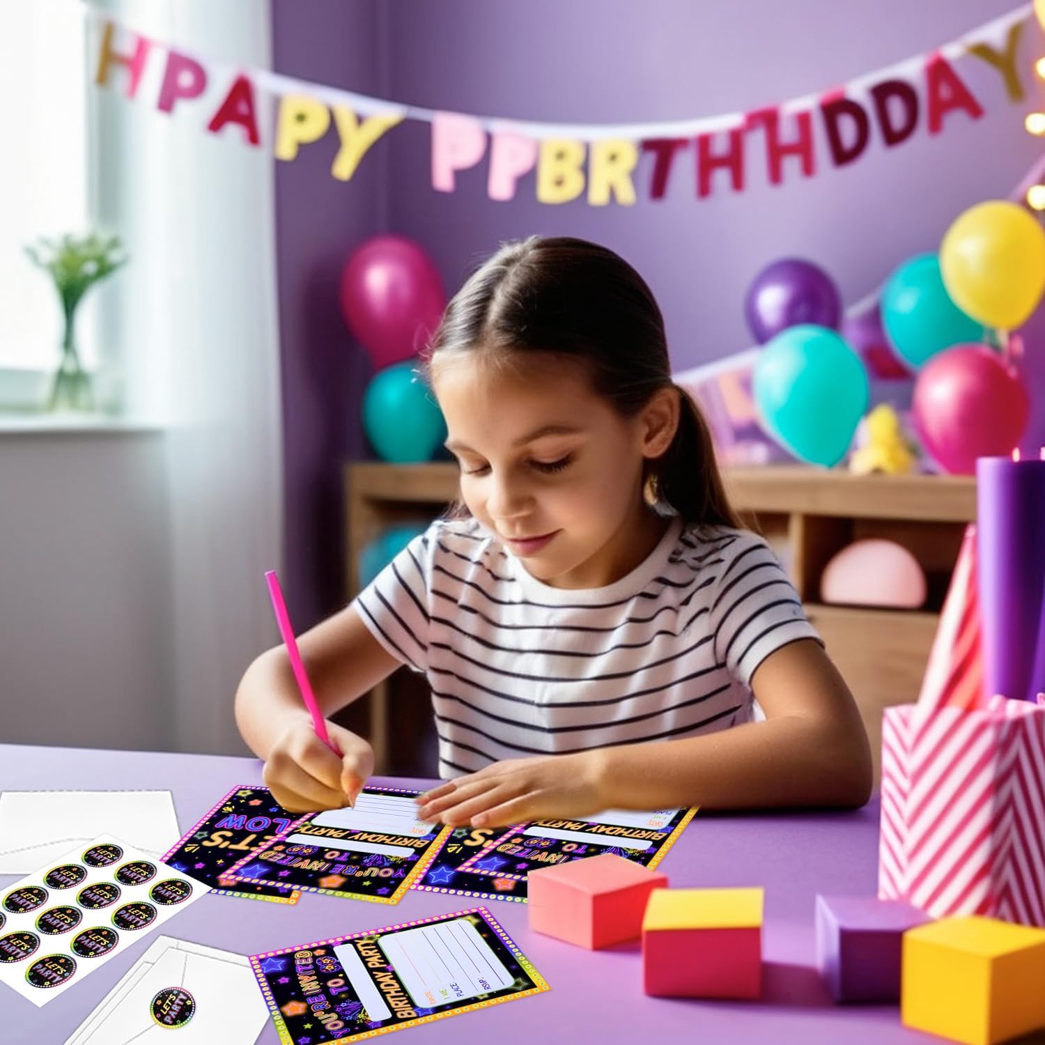 20Pcs leuchtende Party Einladungen Sets mit Umschlägen Let's Glow Neon Party Favors Geburtstag Einladungskarten für Kinder Geburtstag Party Einladungen Zubehör, 17 x 12cm