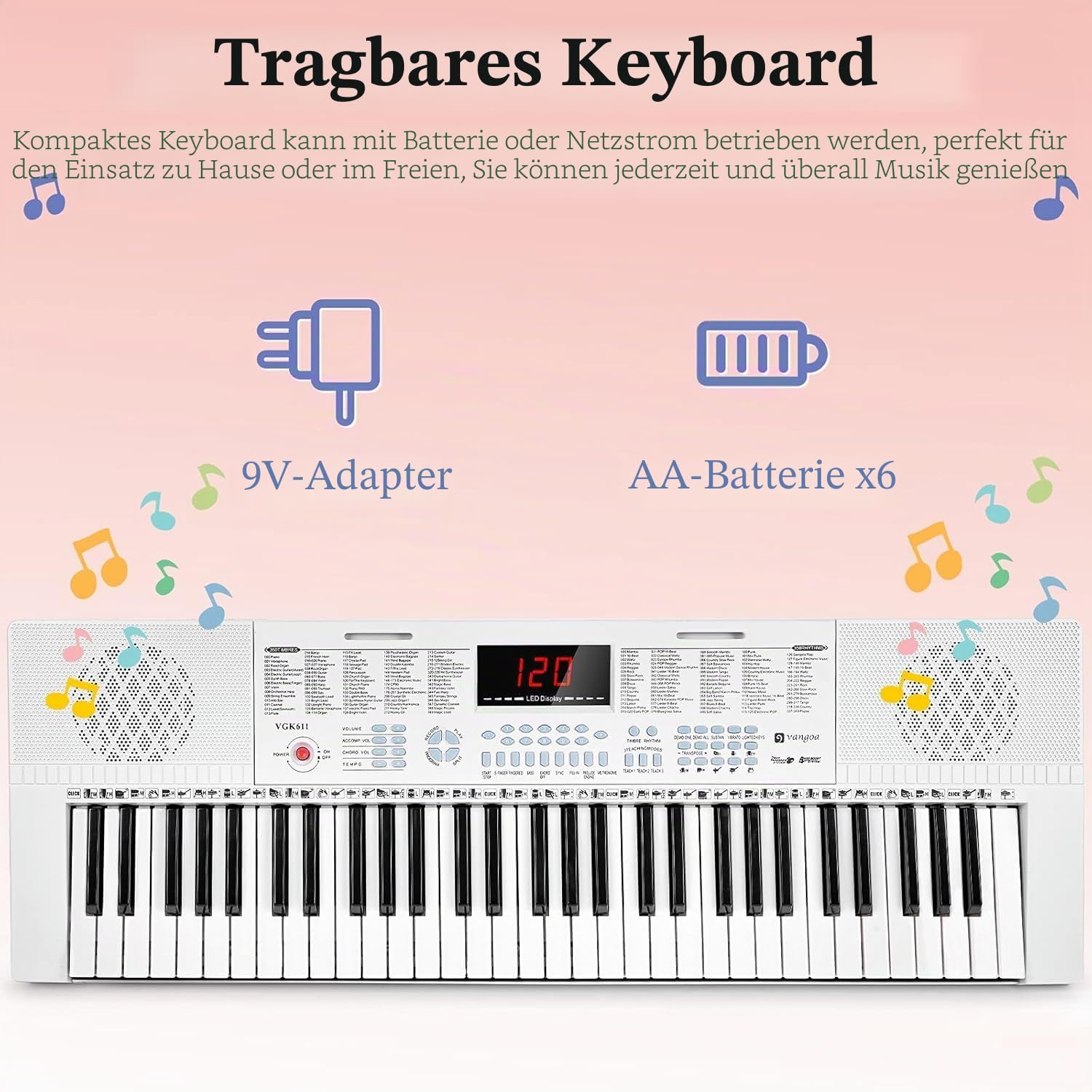 Vangoa Elektronische Klaviertastatur 61 Leuchttasten Tragbare Anfänger Musik-Tastatur Klavier, Notenständer, Mikrofon, 350Klangfarben, 350 Rhythmen, 30 Demos, Weiß