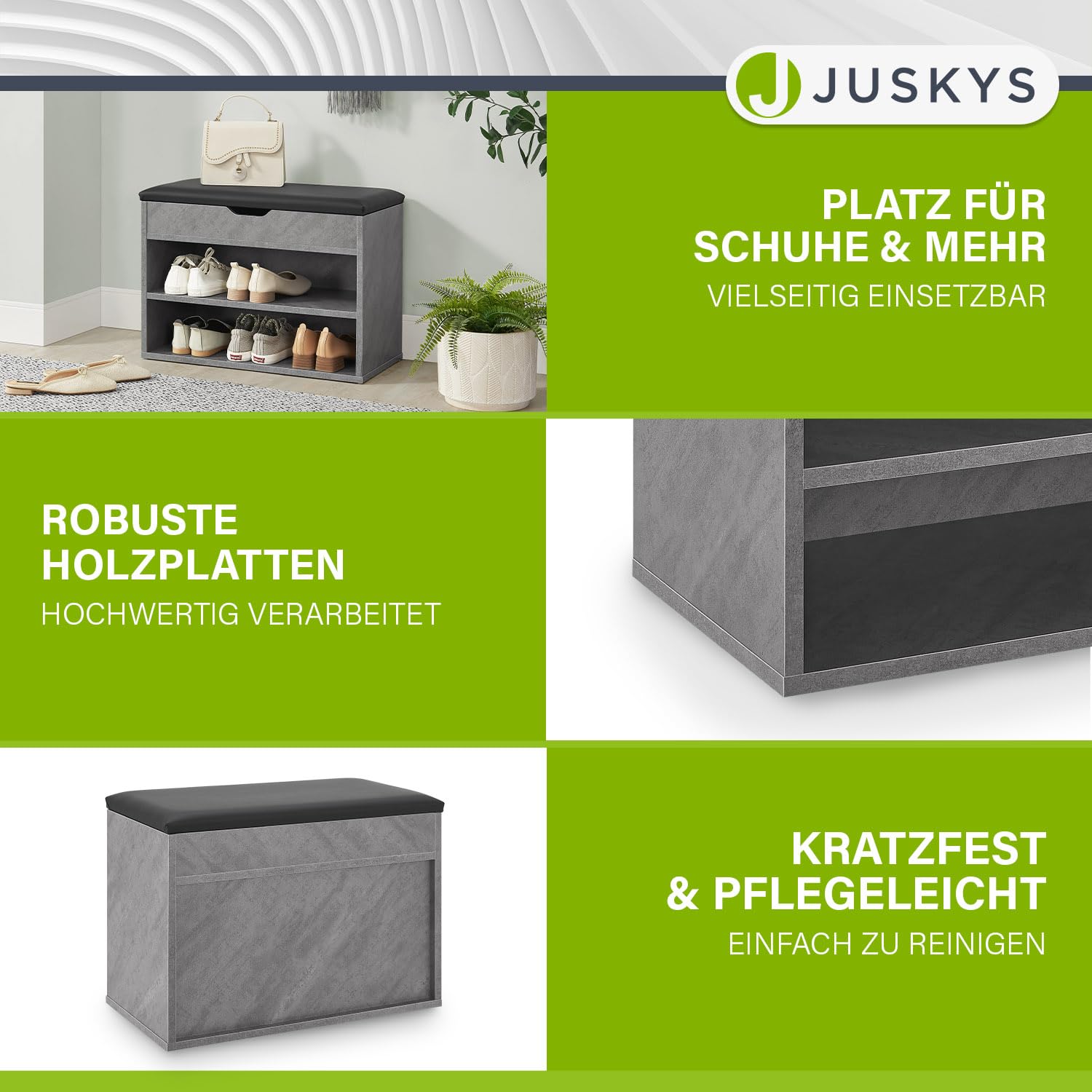 Juskys Schoenenrek met klapdeksel en gevoerde zitting, 60 x 30 x 44 cm, smalle houten zitbank met schoenenrek en bekleding, snelle montage, wit