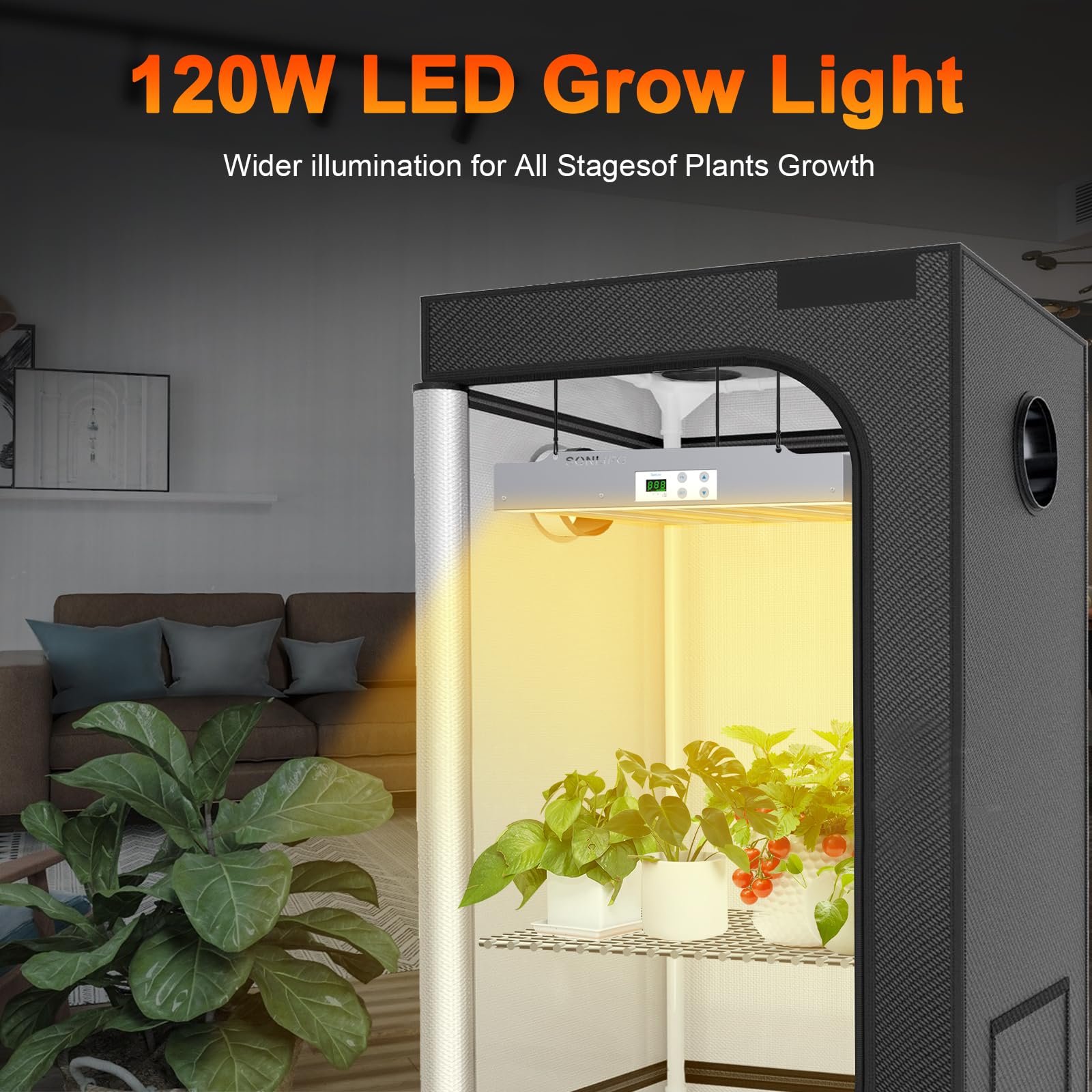 Lampada da coltivazione a LED SPF1200 PRO da 120 W, 90 x 90 cm, copertura 660 LED, spettro completo simile al sole con UV e IR, timer dimmer per la vegetazione e la fioritura, lampada da coltivazione