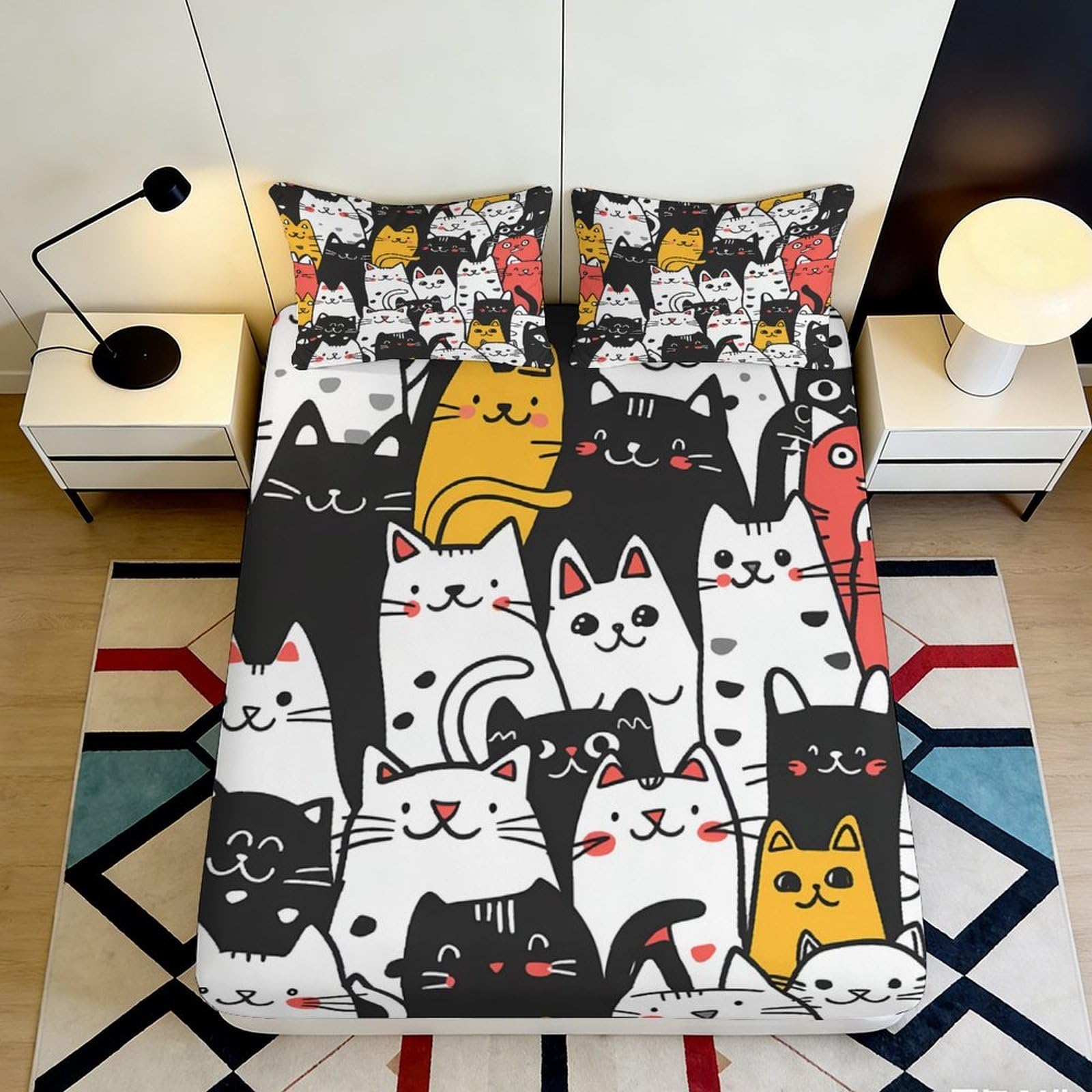 3D Printed Cartoon Cat Fitted Sheet Microfiber Soft Breathable Colorful Kitten Mattress Cover for Bedroom Guestroom Decor 120x200cm 90x200x25cm