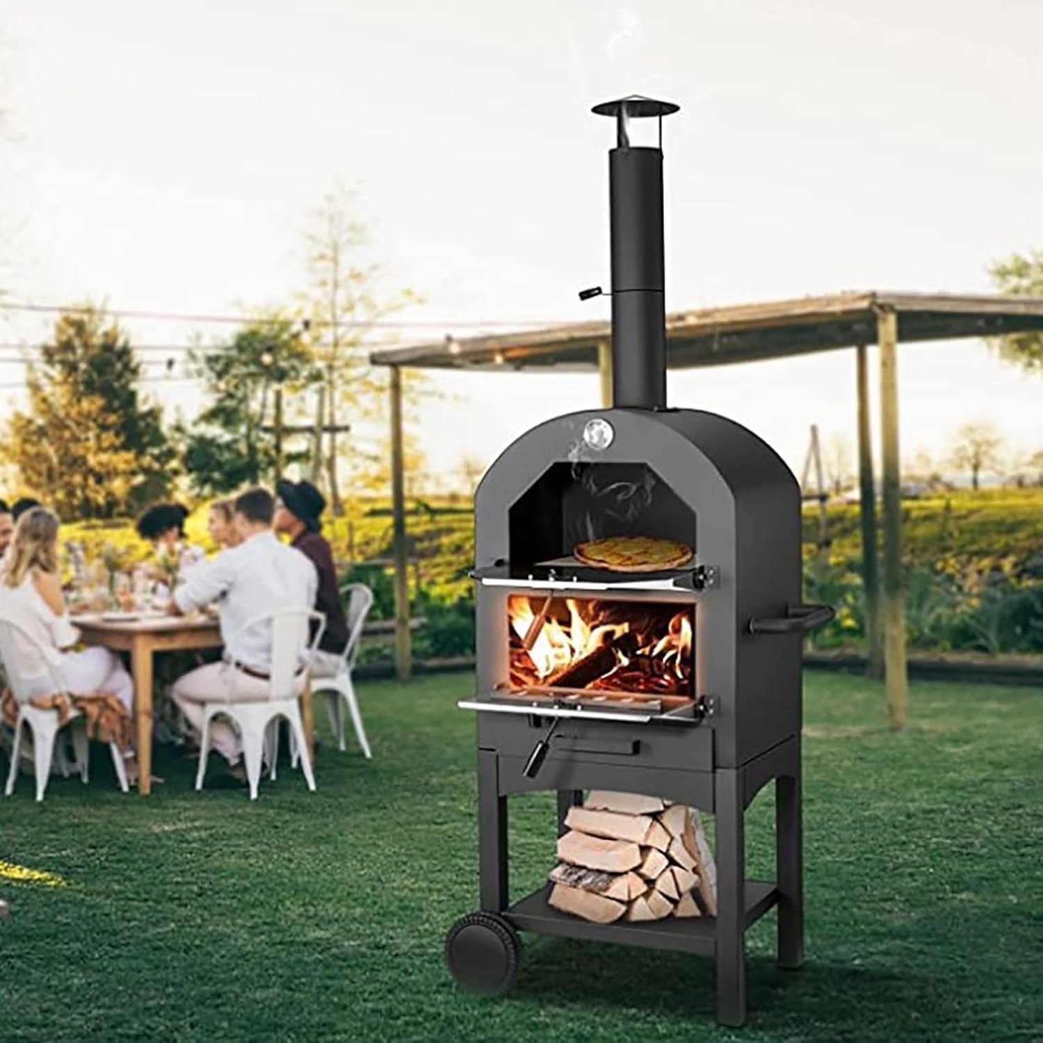 Horno de Pizza de leña para Exterior, Horno de Pizza al Aire Libre, Horno de Pizza portátil de pellets de leña con termómetro y Bolsa de Transporte, para Acampar en el Patio Trasero, Cocina