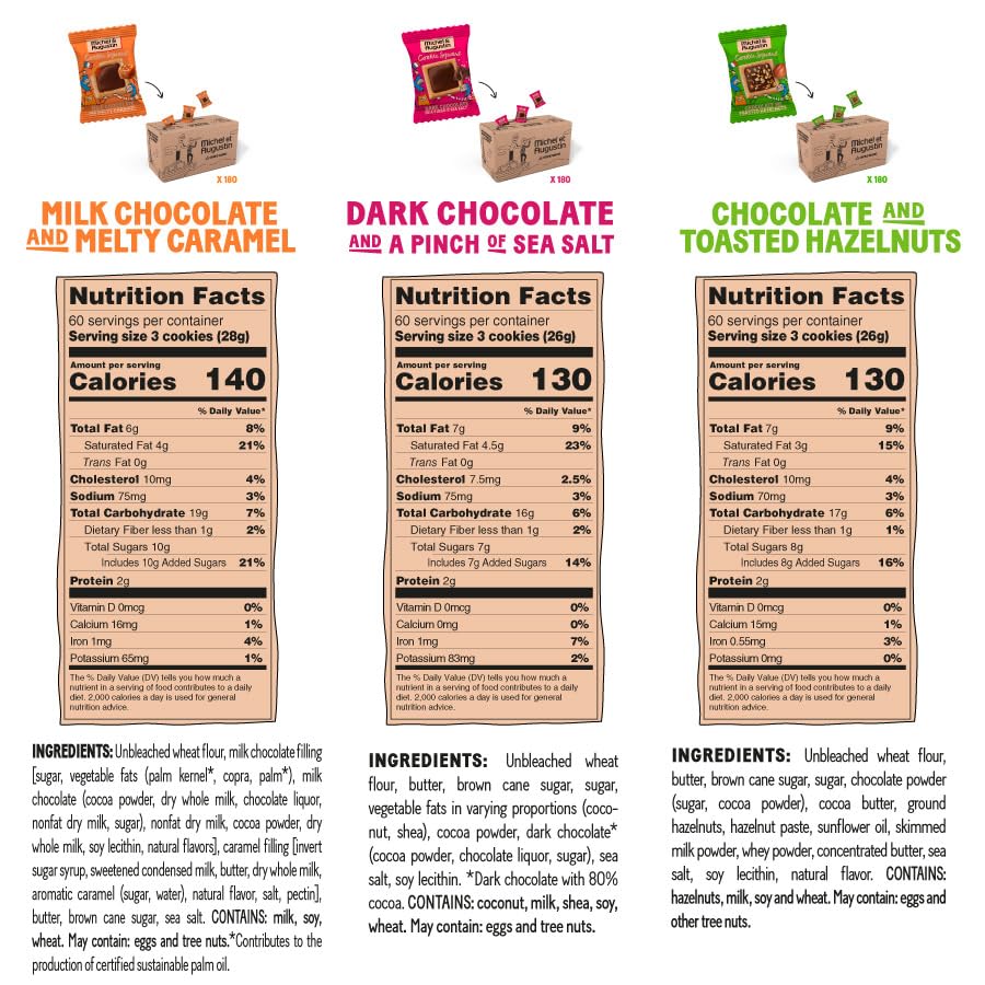 Image of Michel et Augustin Cookies, Individually Wrapped Snacks Variety Pack: Dark Chocolate Sea Salt and Milk Chocolate Caramel Shortbread, Bulk Snacks, 180 French Butter Cookies