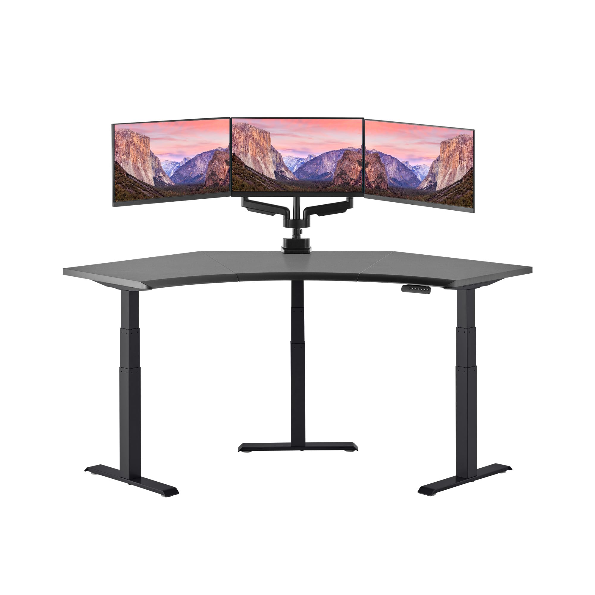 Vari Command Center Electric Standing Desk 120 Curved Sit-Stand Gaming Desk Corner Workstation for Triple Monitors Sloped Front