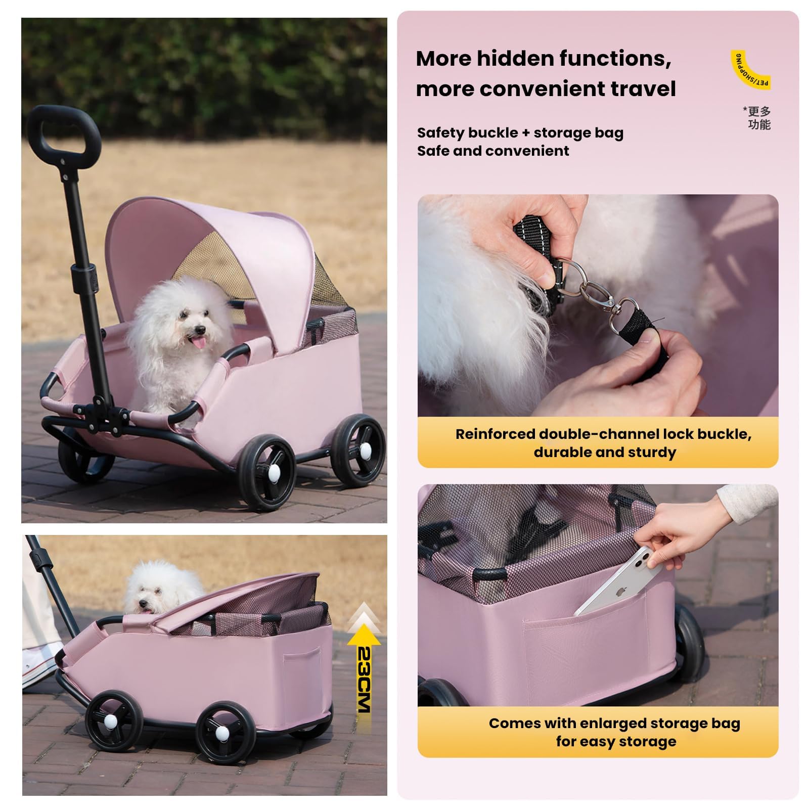 Cochecito plegable para mascotas con mango giratorio de 360 grados y toldo para perros pequeños y gatos