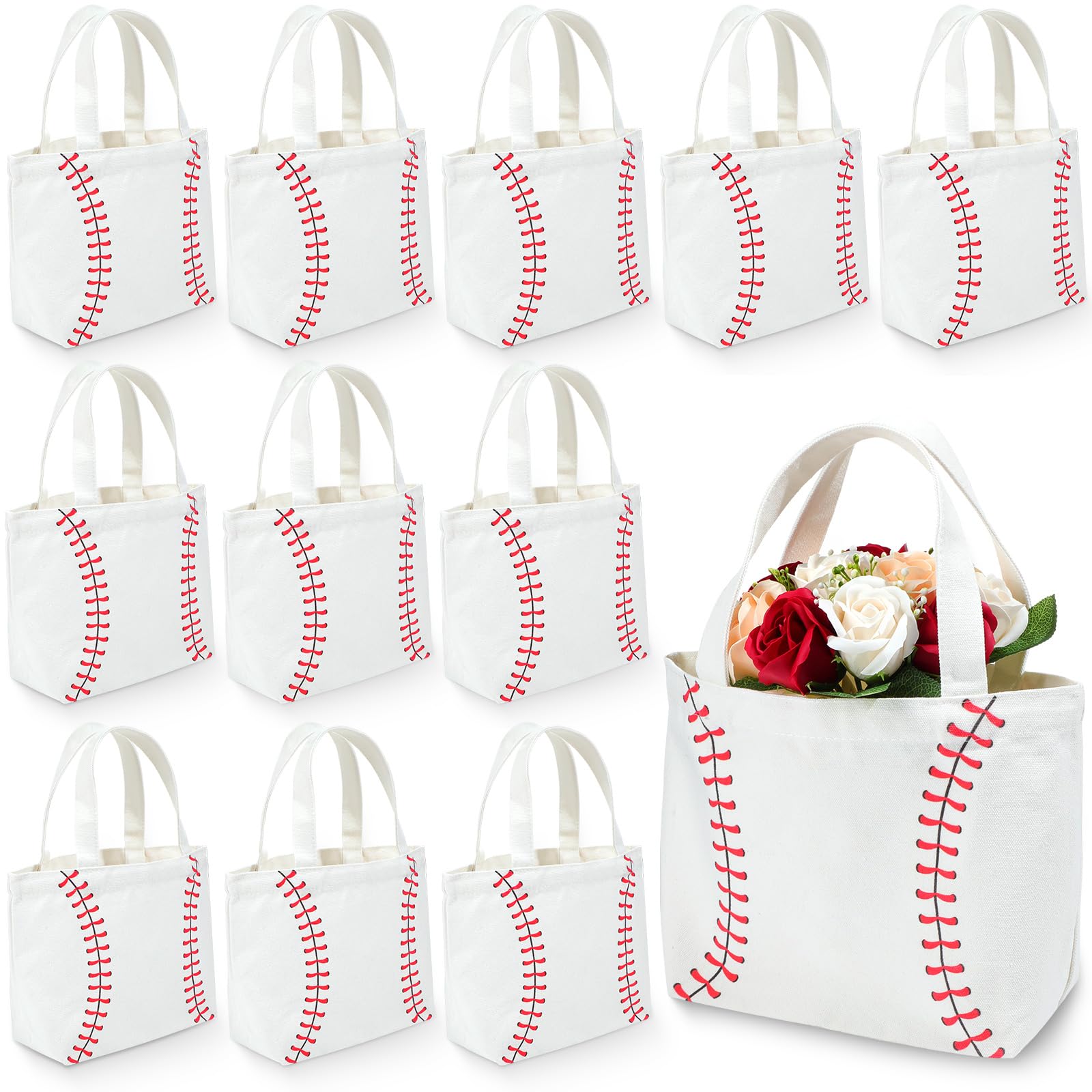 Photo 1 of SilTriangle 12 Pcs Baseball Bag Baseball Canvas Tote Bag Kids Tote Double Sided Beach Handbag with Handles for Sports Party Favor Travel Shopping Birthday Community Events
