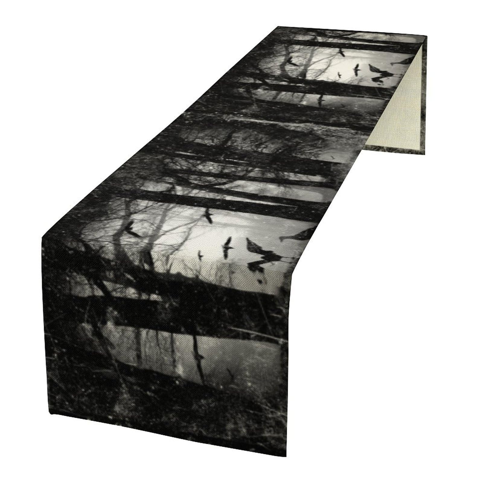 Houselerax Gothic Forest Crow Table Runner, Foggy Mysterious Black Birds Crow Kitchen Dining Table Decoration for Outdoor Home Party 13x36 Inch