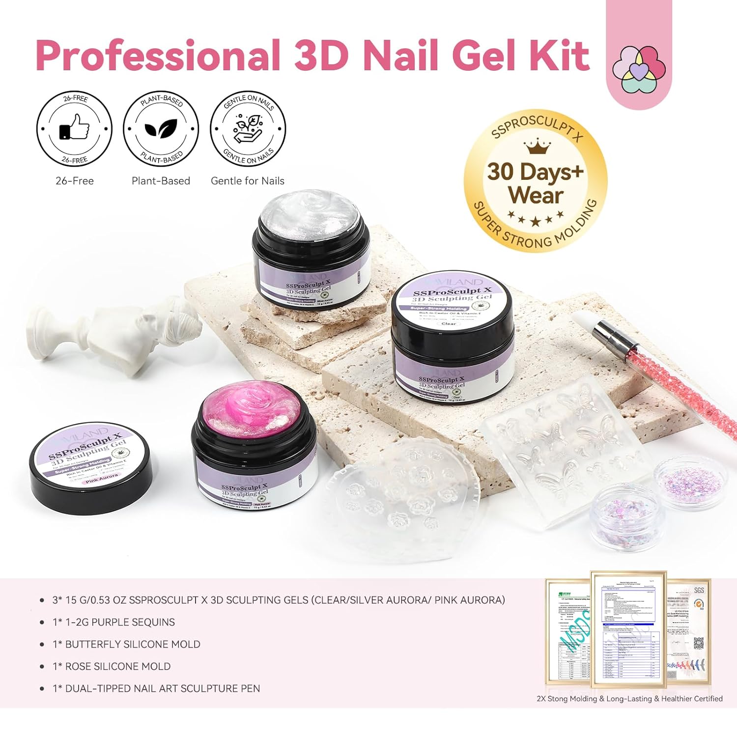 SAVILAND 3D Gel Nail Art Kit with White Pearl Chrome Powder and 3 Non Sticky Builder Nail Gels for 3D Extensions Carving DIY Manicure Home or Salon Use