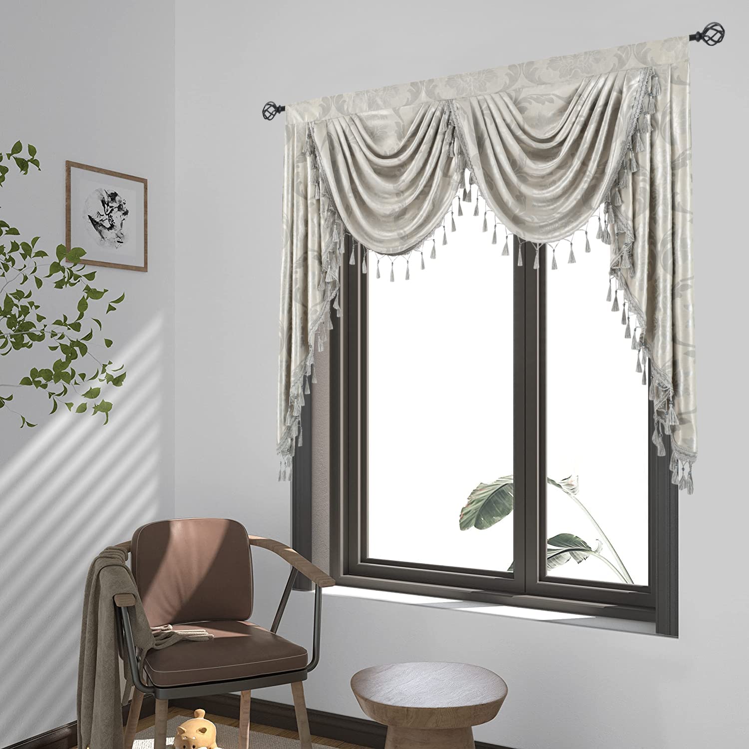 Cenefas para ventanas de sala de estar en jacquard gris plata estilo damasco 8