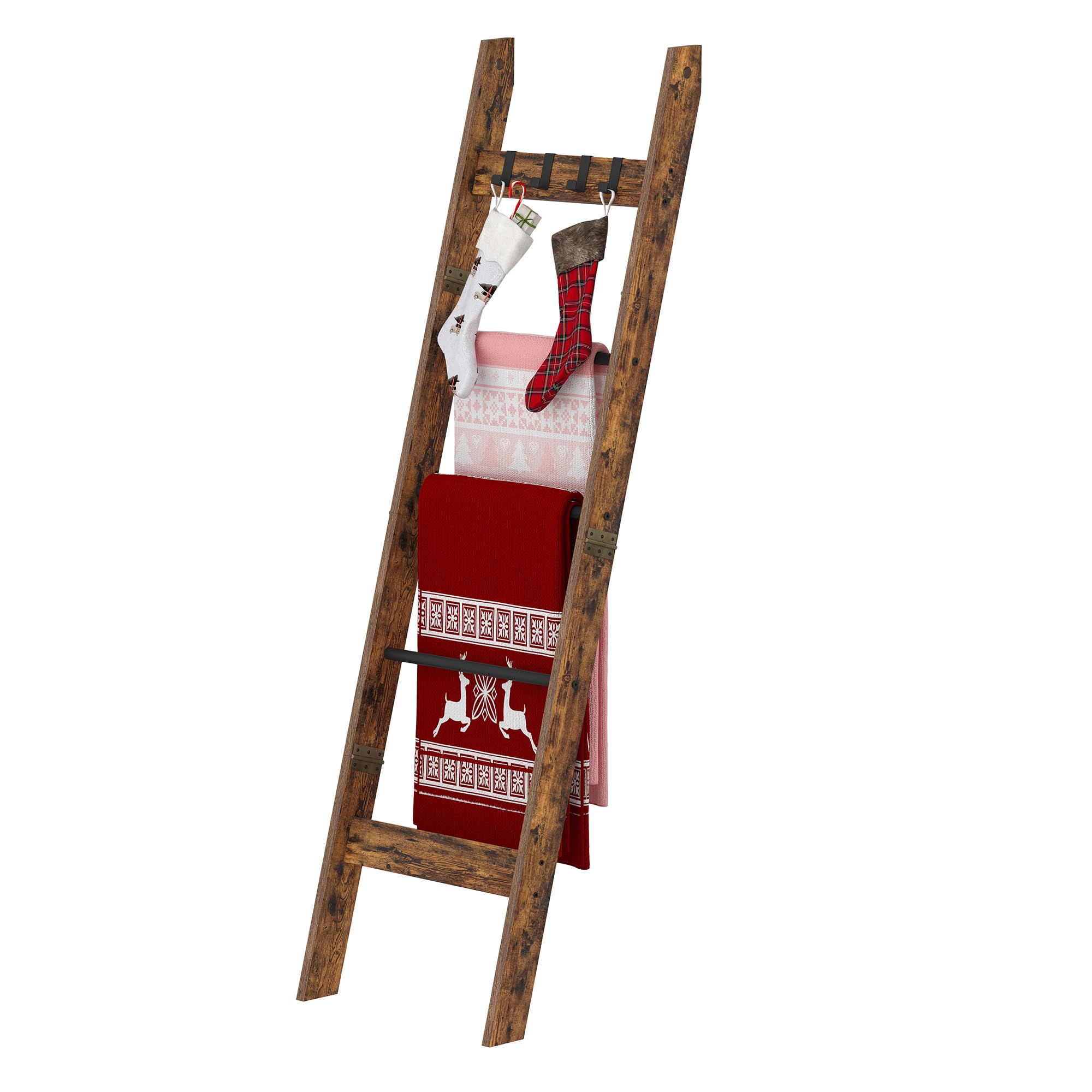 Blanket Ladder for Living Room, Decorative Quilt Rack with 4 Removable Hooks, 5-Tier Farmhouse Ladder Holder Shelf Organizer for Bedroom, Rustic Brown and Black 02101BBR