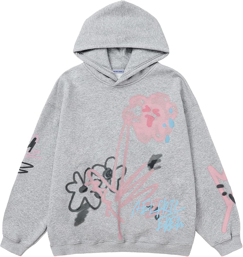 Aelfric Eden Womens Oversized Graphic Hoodies Cartoon Graffiti Print Fleece Hooded Sweatshirt Unisex Long Sleeve Pullover