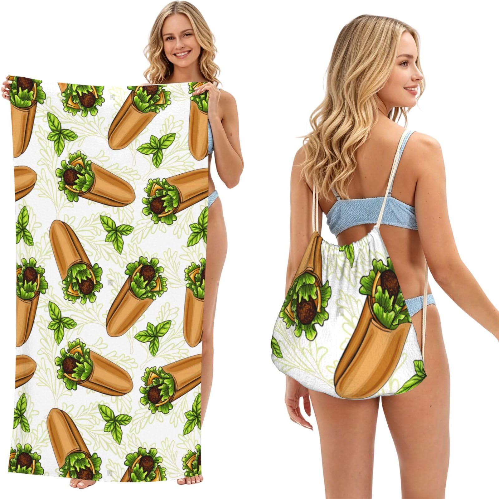 Poadnly As Picture Vegetable Burrito, 2 In 1 Packable Towel Bag, Beach Towels With Drawstring Backpack For Travel Holiday Camping