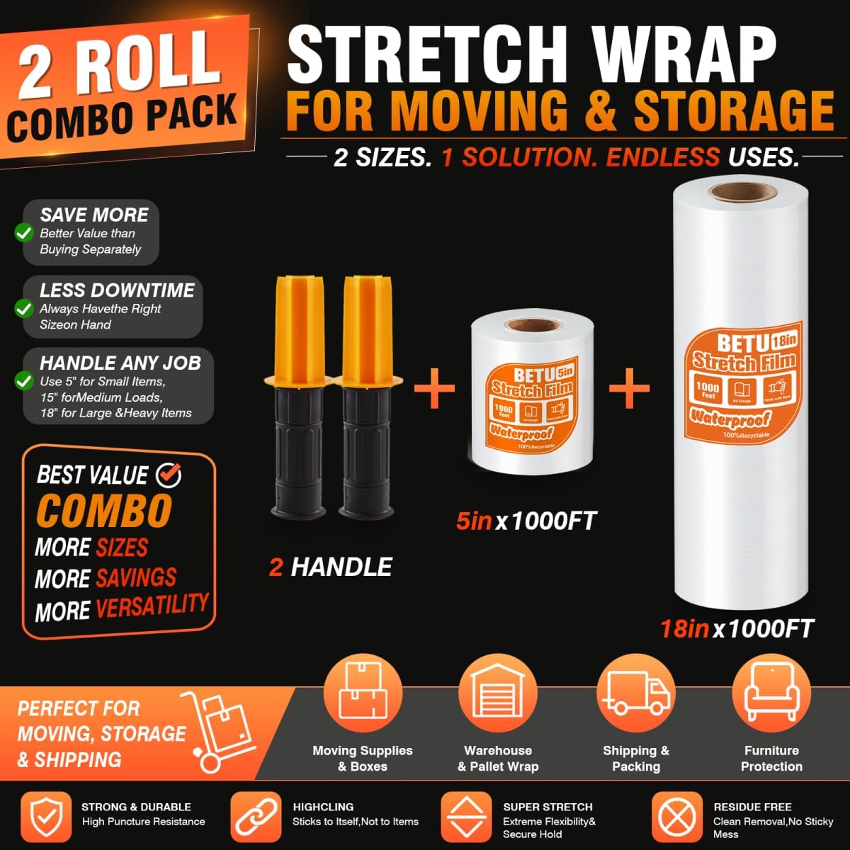 Stretch Film Shrink Wrap Large Item Kit (5"+18") x 1000 Ft for Moving Supplies, Heavy Duty Plastic Wrap Stretch Roll for Moving Boxes Toys Books Shipping Pallet Wrapping Furniture with Handles, Clear image 3