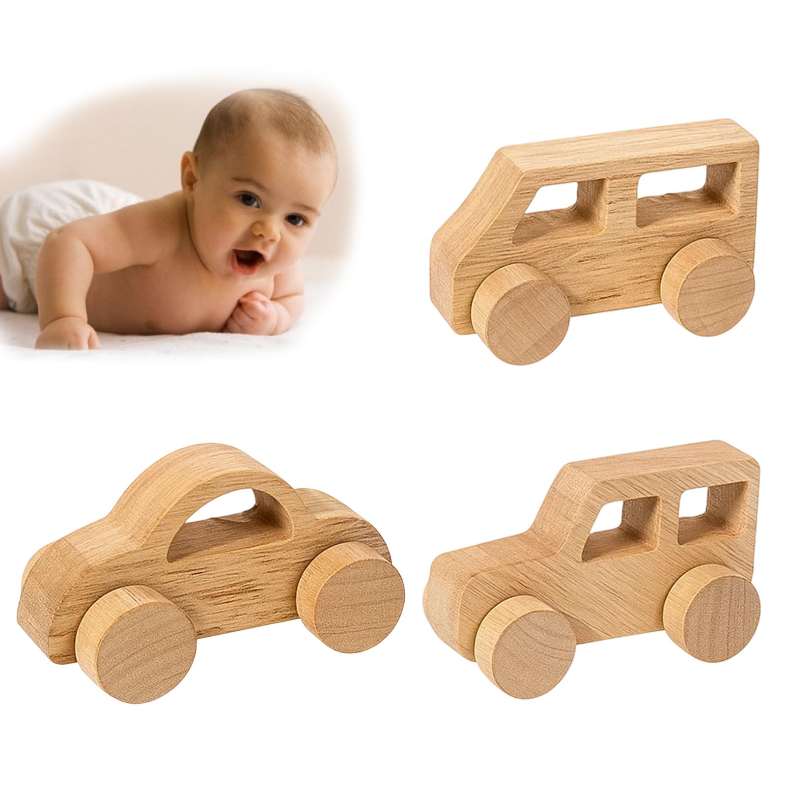 Wooden Cars, 3 Piece Natural Wooden Baby Toys for 6-18 Months, Toddler Cars for Fine Motor Skills Development, Montessori Toys for Teething Relief and Imaginative Play