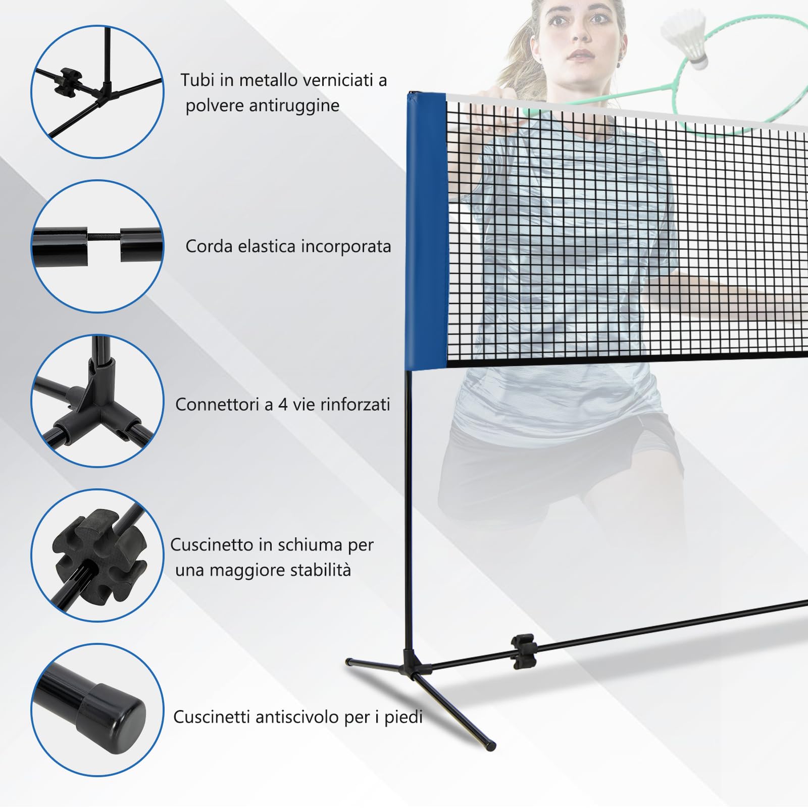 GYMAX Rete da Badminton Portatile, Rete da Tennis Regolabile in Altezza con Pali, Set da Pickleball con Borsa e 2 Volani, Rete Sportiva Facile da Montare, Set da Volley per Interni ed Esterni