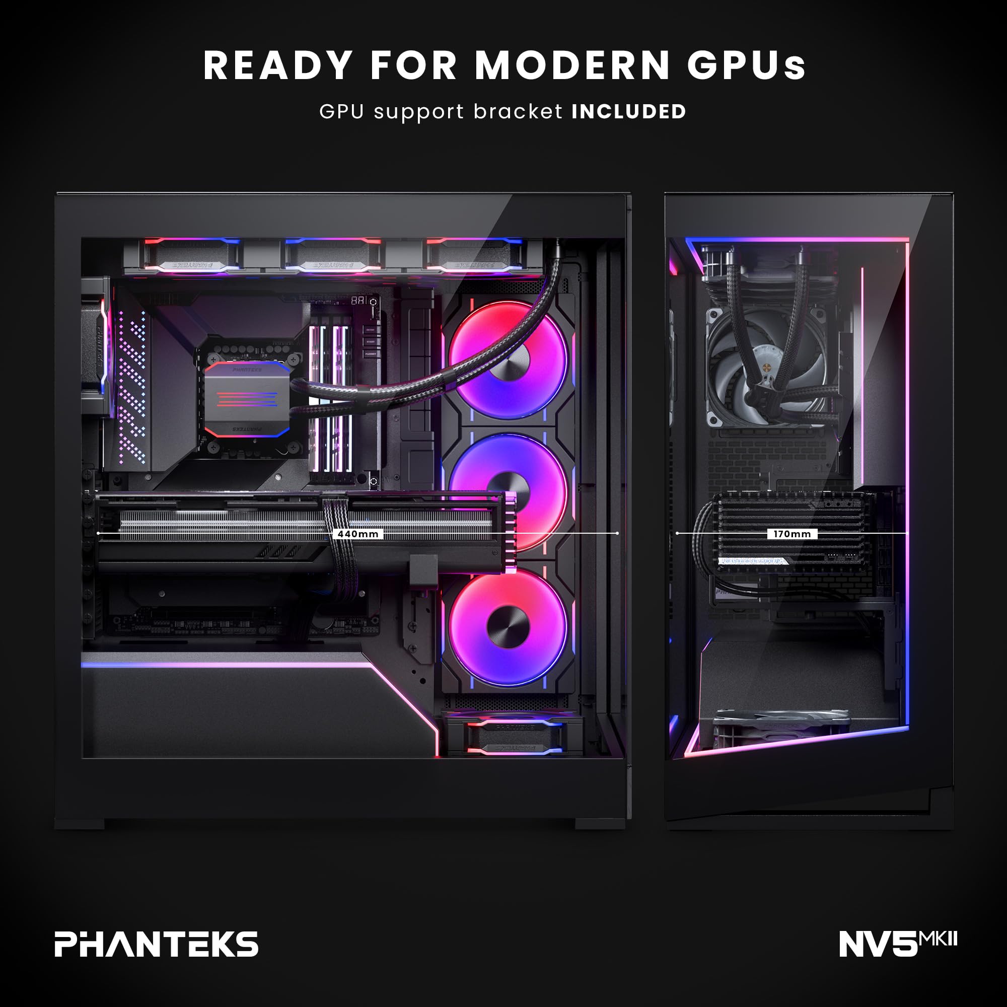 Phanteks NV5 MK2, Case Vetrina Mid-Tower, Supporto per Scheda Madre con Connettori Posteriori, Illuminazione D/A-RGB integrata, Vetro Temprato senza giunzioni, 8 slot per Ventole, Nero