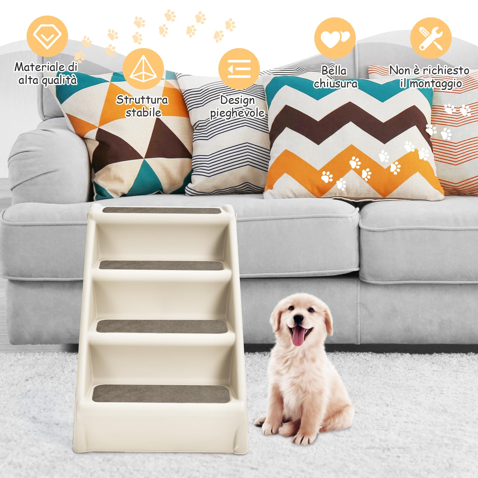 GYMAX Scaletta Pieghevole per Animali Domestici, Scaletta a 4 Gradini per Gatti e Cani in Plastica con Rivestimento Antiscivolo, Facile da Salire e Scendere, Carico di 60 kg, 62 x 38 x 50 cm (Beige)