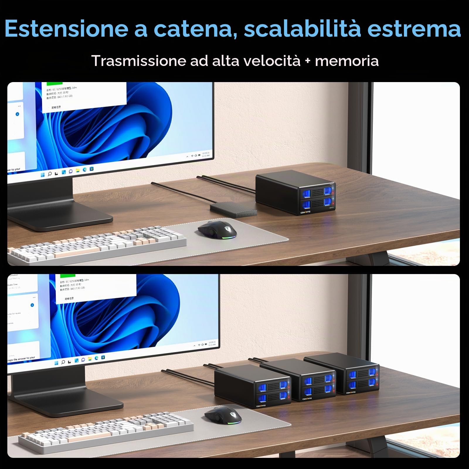 CENMATE Hard Drive Case 2 Baia in Alluminio con Ventola per HDD/SSD SATA da 2,5/3,5 con USB A/C 3.0, Supporto Hot Swappable, Espansione a Margherita, Case HDD senza attrezzi, DAS (NO RAID/NAS)