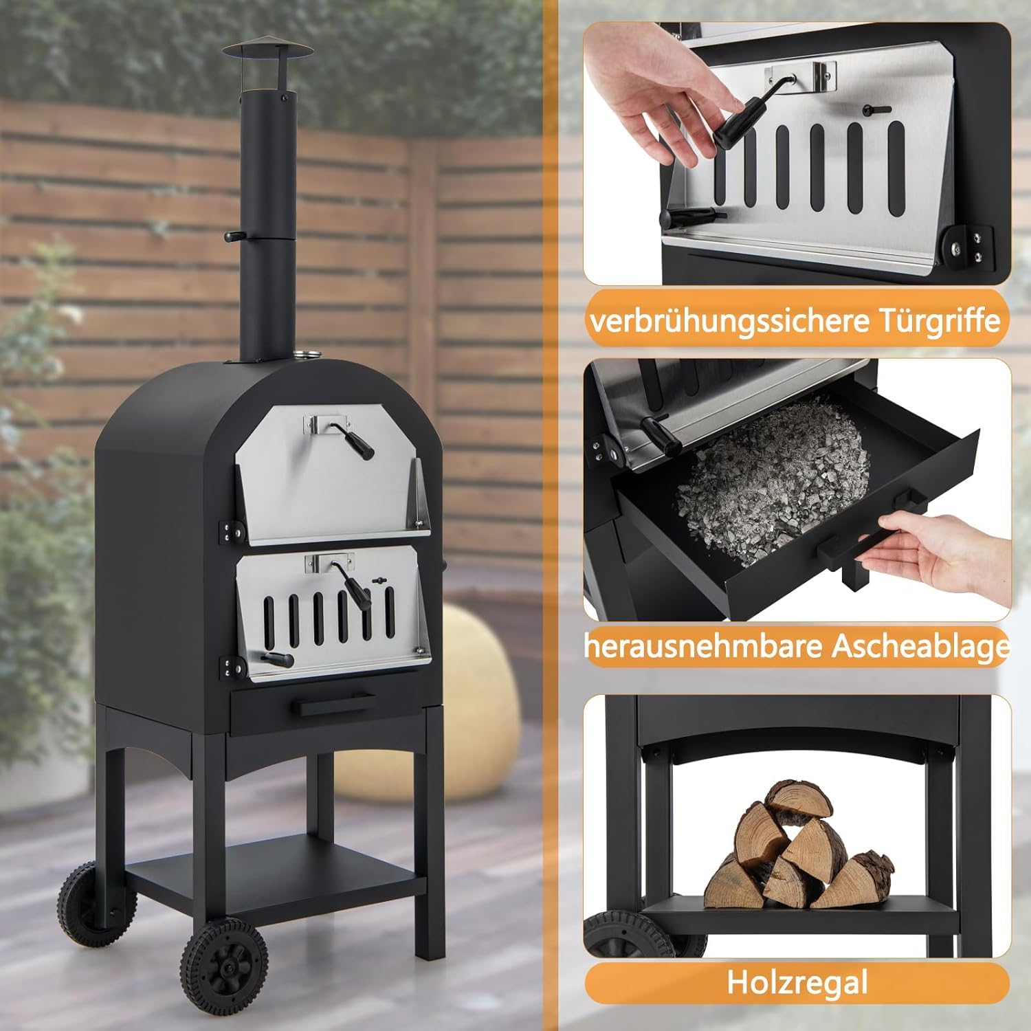 FANTASK Outdoor Pizzaofen mit eingebautem Thermometer, holzbefeuerter Pizzaofen mit Rädern & wasserdichtem Deckel