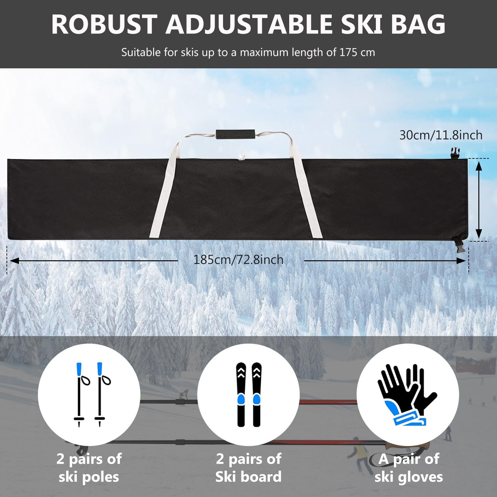 BORDEAG Sac De Ski et Voyage - Housse De Rangement pour Skis avec Sangle De Transport (185×33cm)