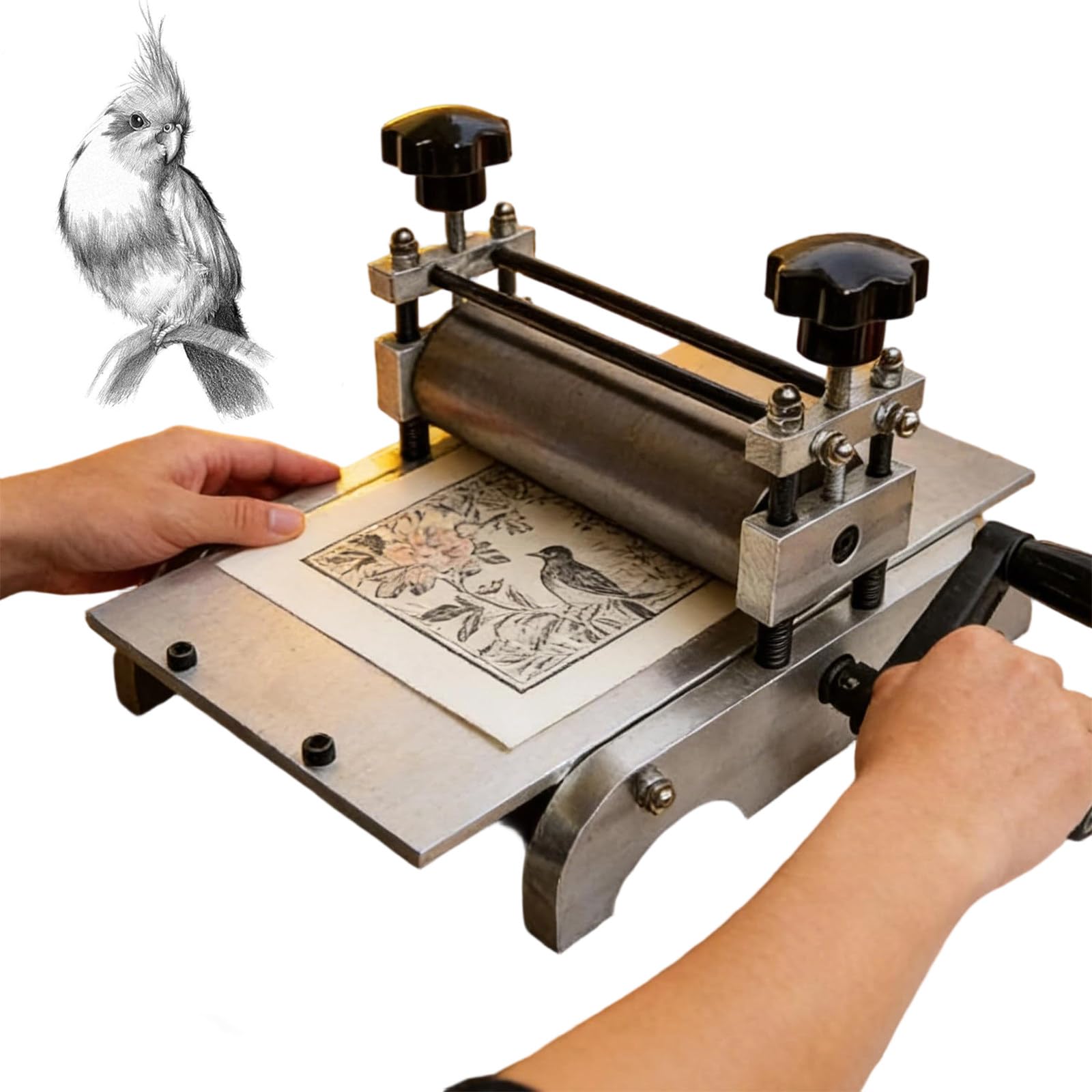 GwlThixion Desktop Manual Etching Press, Engraving Printing Press with Adjustable Roller Height, Thickened Steel Plate, for Wood, Copperplate, Intaglio, Compact Design