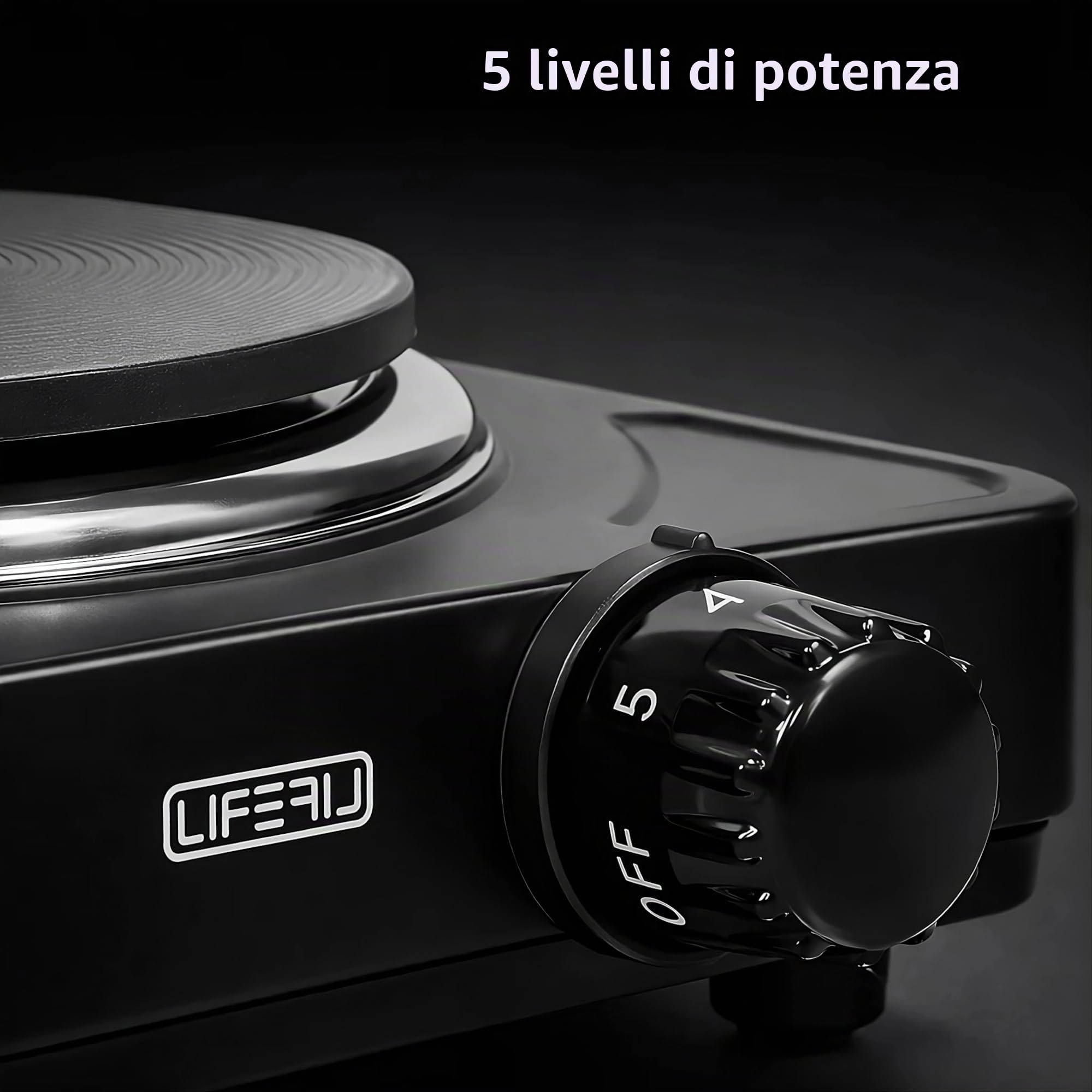 Fornello elettrico portatile per cottura CookMate 1000 W. Piastra per alimenti ad alta potenza, ideale per campeggio, terrazza, roulotte. Adatto a tutte le padelle. Nero