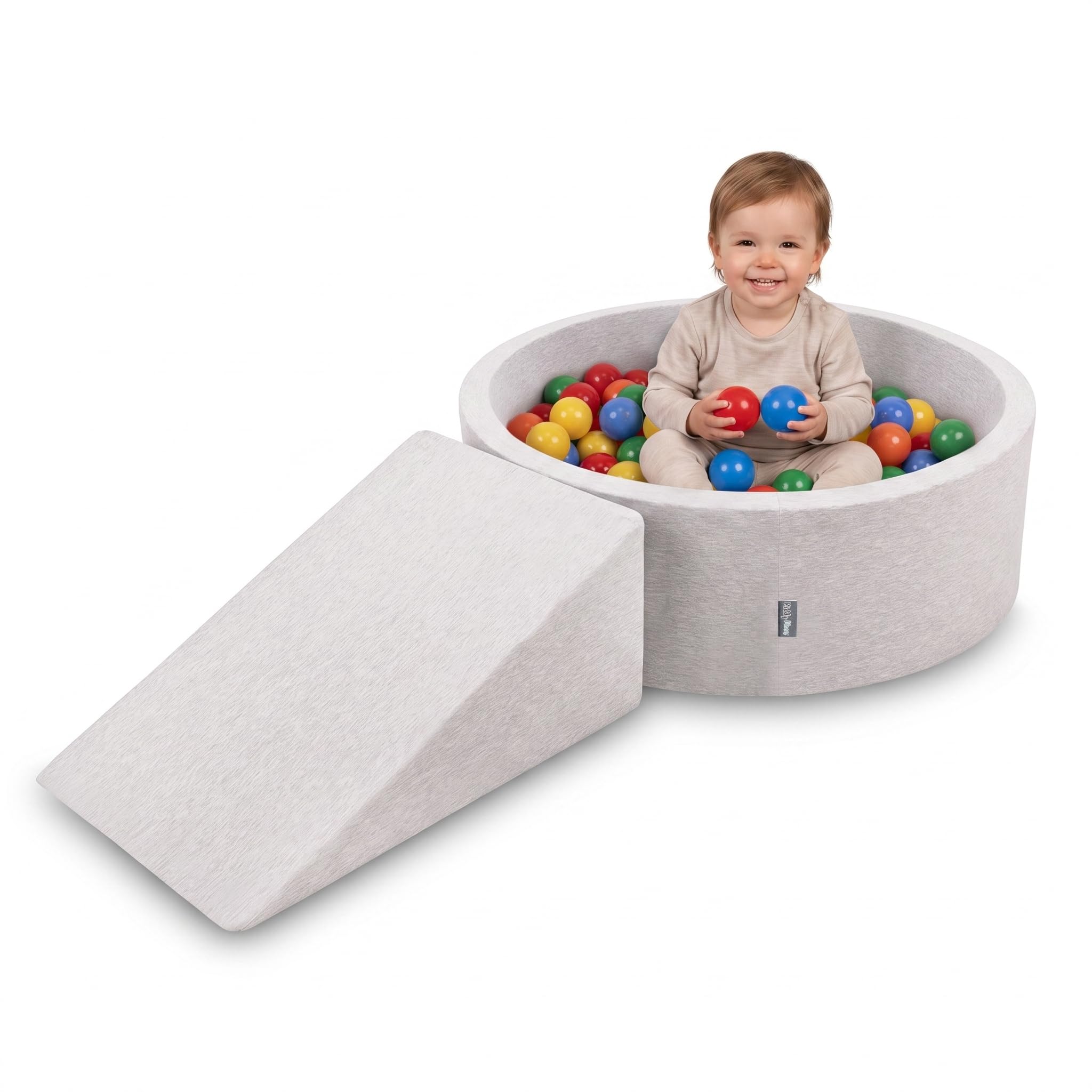 KiddyMoon Area Giochi in Schiuma con Piscina di Palline 90x30cm e Rampa 100 Palline 7cm per Neonati e Bambini - Grigio Chiaro: Giallo Verde Blu Rosso Arancione