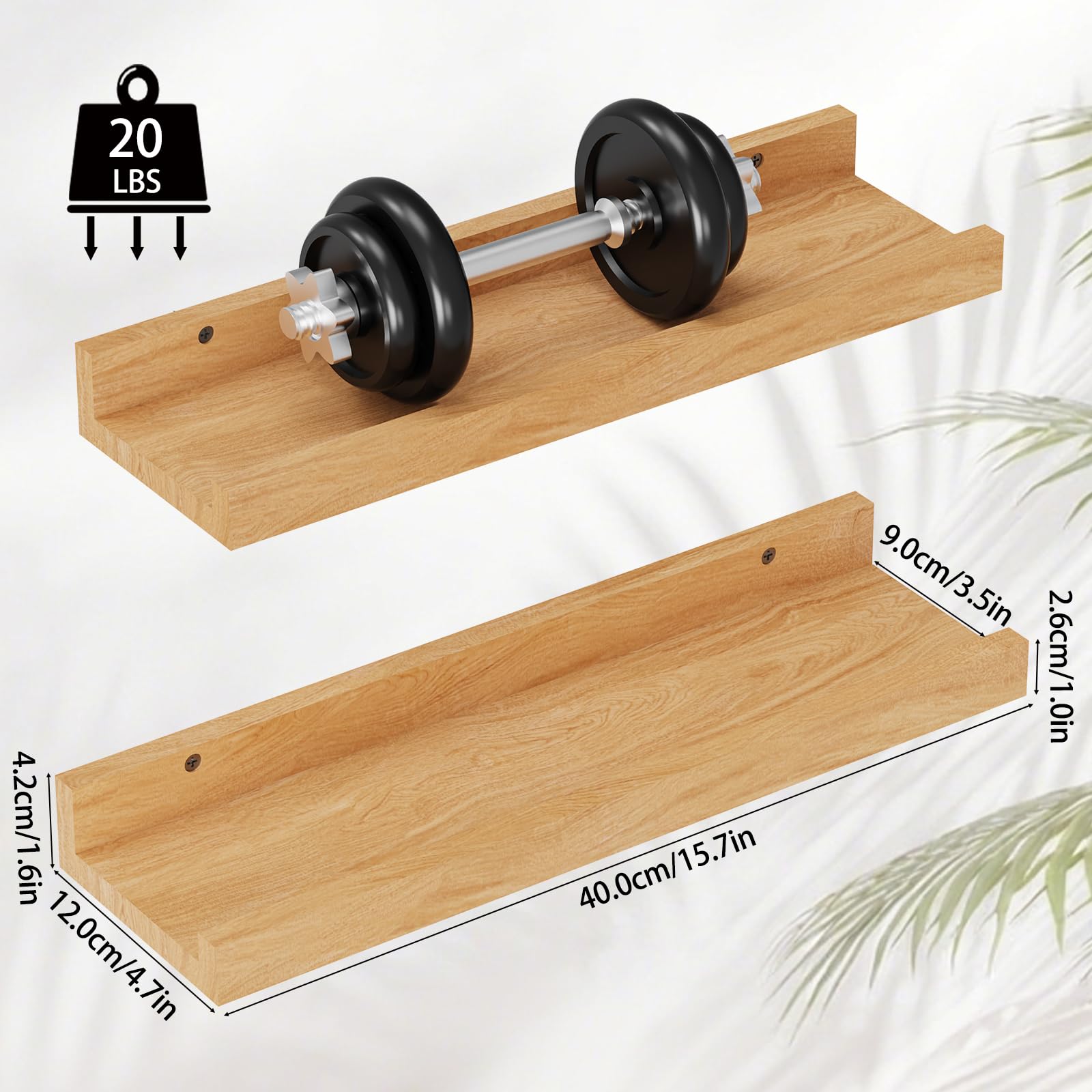 PHOTOLINI wandplank eiken echt hout 40 cm, zwevende plank, set van 2, fotolijst voor foto's, posters en decoratieve artikelen voor flexibele inrichting, U-vorm, eenvoudig te bevestigen