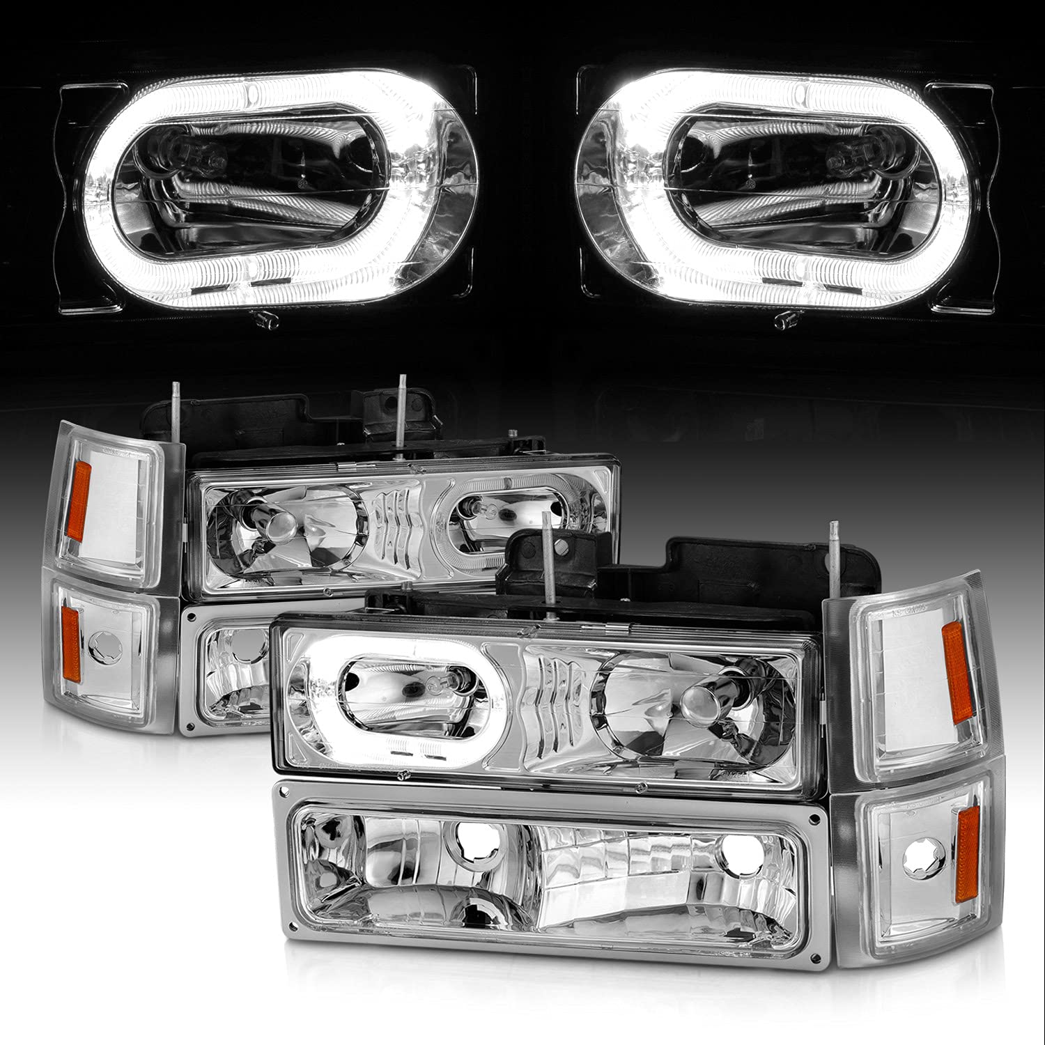 Transmotor2013 LED DRL Chrome Headlights + Corners For 94-98 C10 C/K Silverado