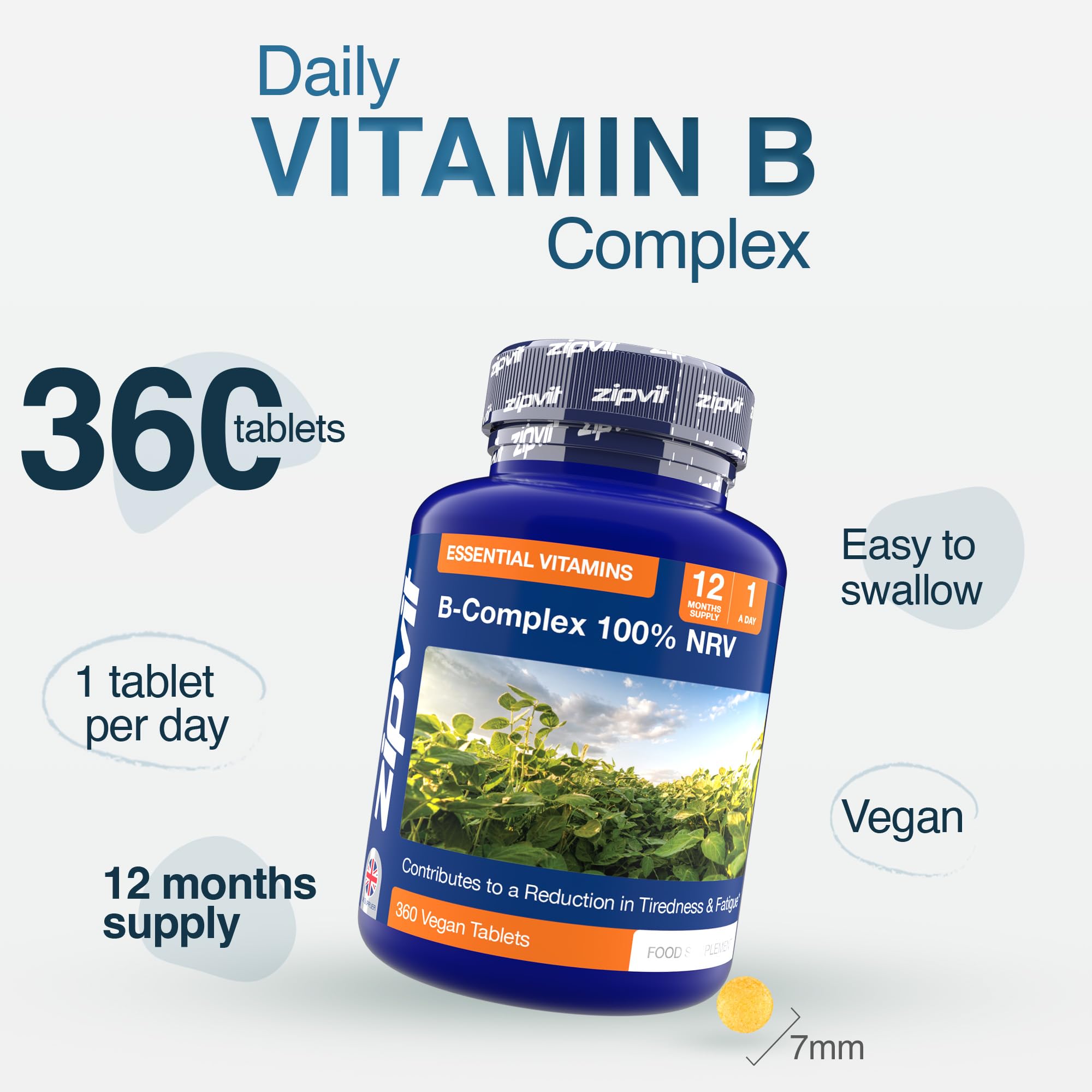 Zipvit Vitamin B Complex, 100% NRV of All 8 B Vitamins, 1 Year Supply, Supports Energy, Mental Performance & Immunity