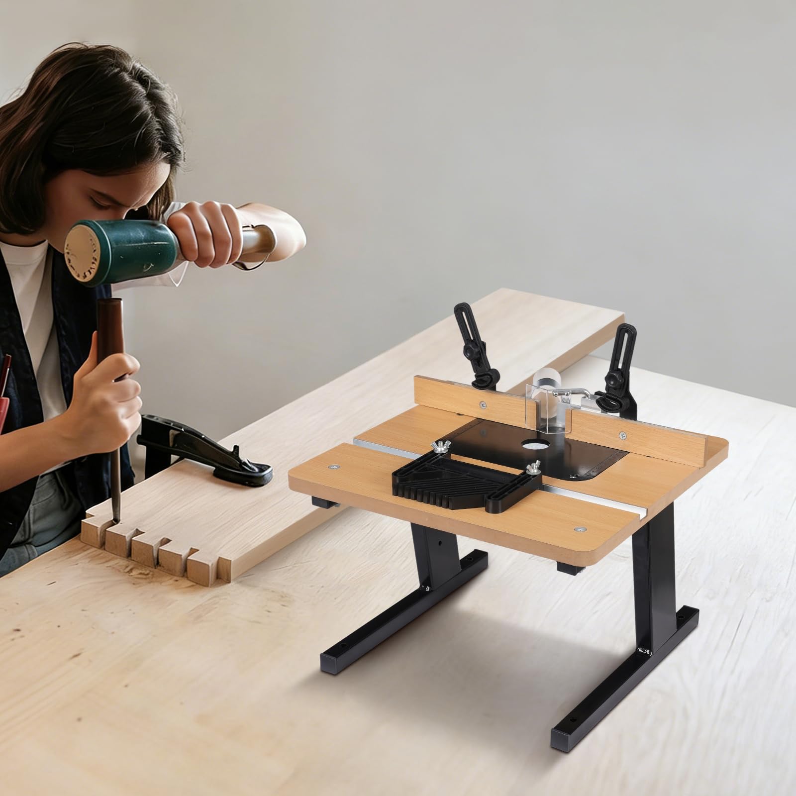 Tavola per Router Professionale 43 x 40 cm, Banco da Lavoro per Fresatura Legno con Guida Angolo e Aspirazione Polvere, per Falegnameria, Fai da Te e Progetti di Bricolage