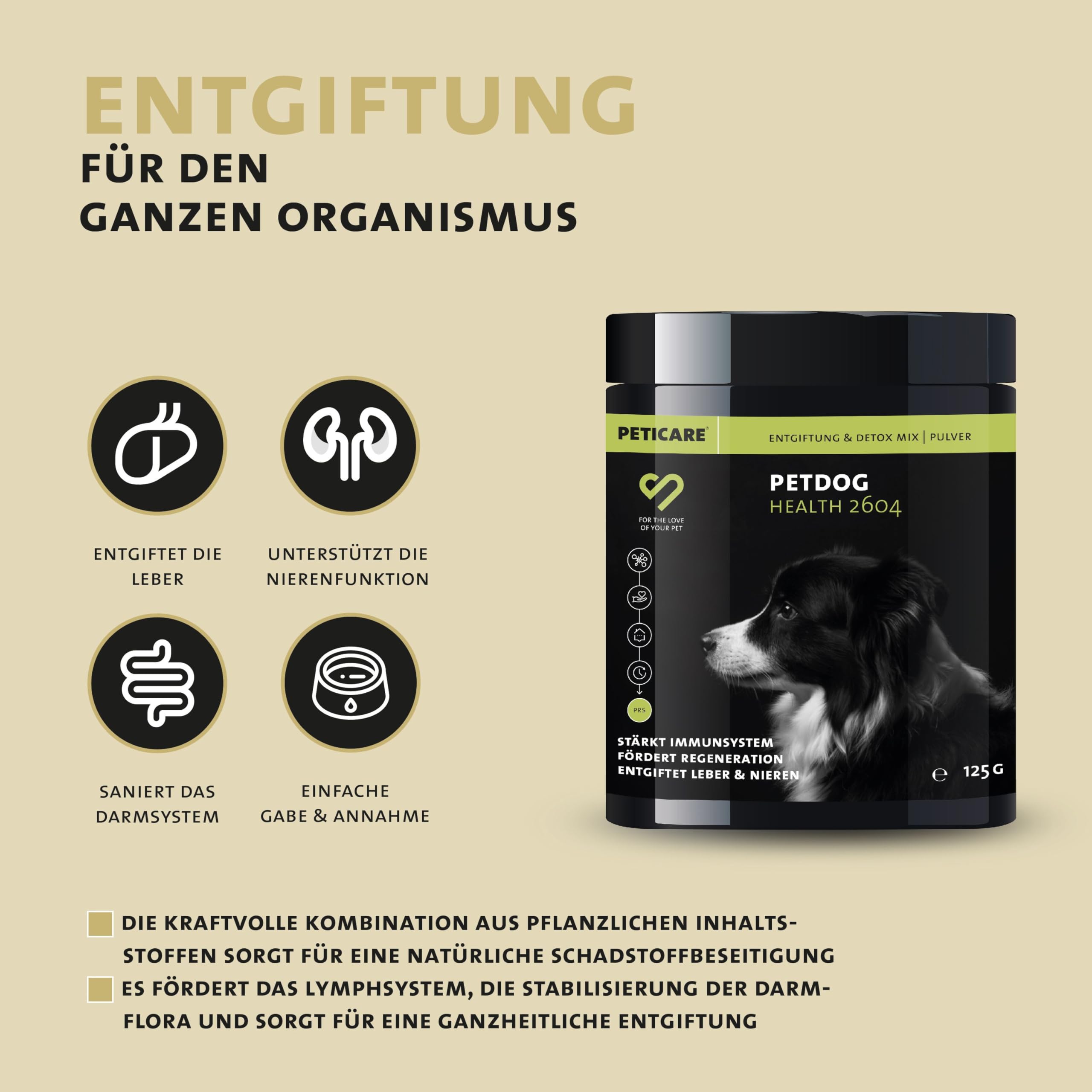 Peticare PetDog Health 2604 Poudre de détoxification pour chiens | Formule nettoyante soutient le foie et les reins, favorise la digestion et le système immunitaire | Avec chardon-Marie, MSM |