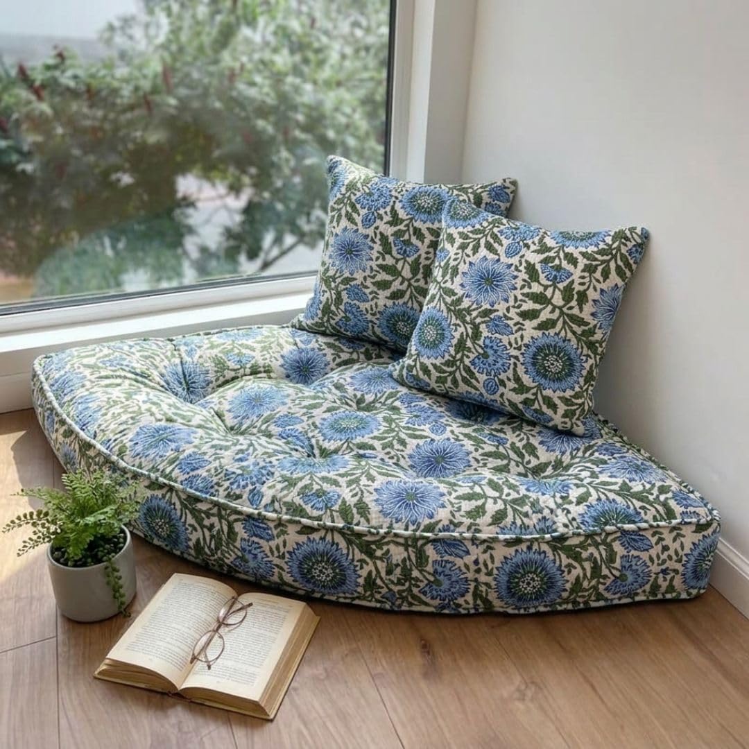 Handmade Cotton Corner Floor Cushion Mattress 30 x 30 x 6 Inch | Tufted Triangle Floor Seating Cushion for Reading, Meditation, Window Seat, Balcony, Bay Window & Kids Room-image-22