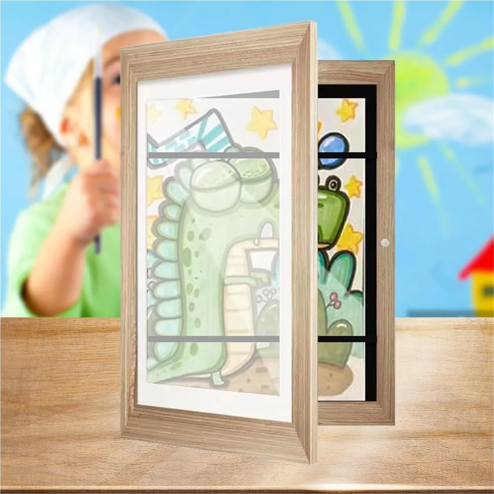 Ramki magnetyczne, Magnetyczna ramka dla dzieci A6 z przodu, otwarta, zmienna(Wood color)