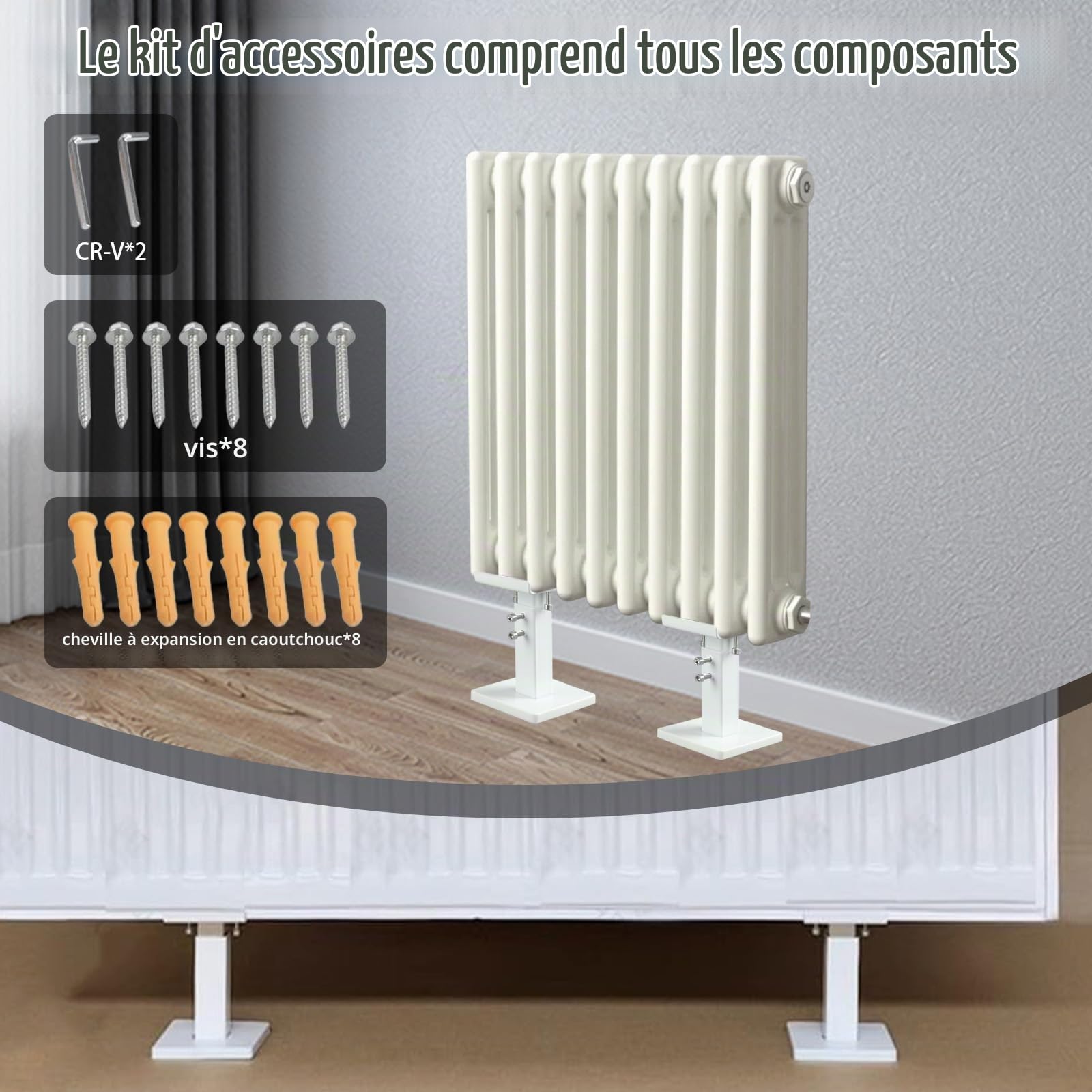 Lot de 2 Support Radiateur, Kit de Pieds de Radiateur à Montage au Sol 14-21 cm Ajustable Support Radiateur en Acier, Tablette de Radiateur Double Stabilité pour Radiateurs à Panneaux